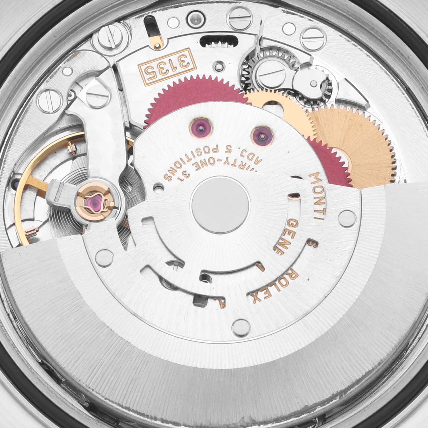 The image shows the Rolex Datejust 16233 Men
s Steel and Gold (two tone) White Dial 16233 Men
s Steel and Gold (two tone) White Dial
s movement from the back, highlighting gears and the rotor.