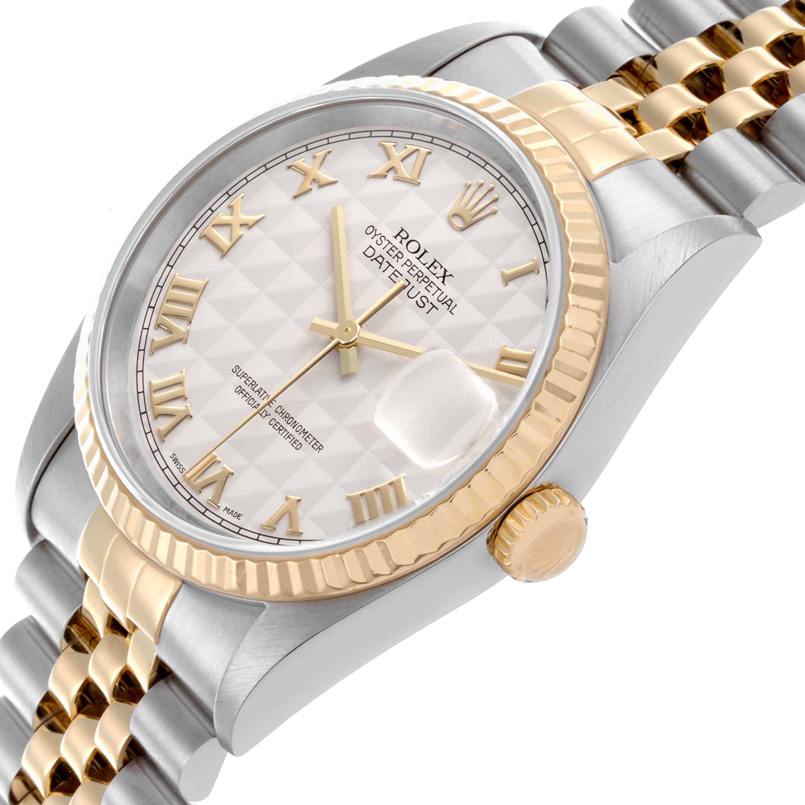 The Rolex Datejust 16233 Men
s Steel and Gold (two tone) White Dial 16233 Men
s Steel and Gold (two tone) White Dial watch is shown at an angled top view, highlighting the bezel, dial, case, and bracelet.