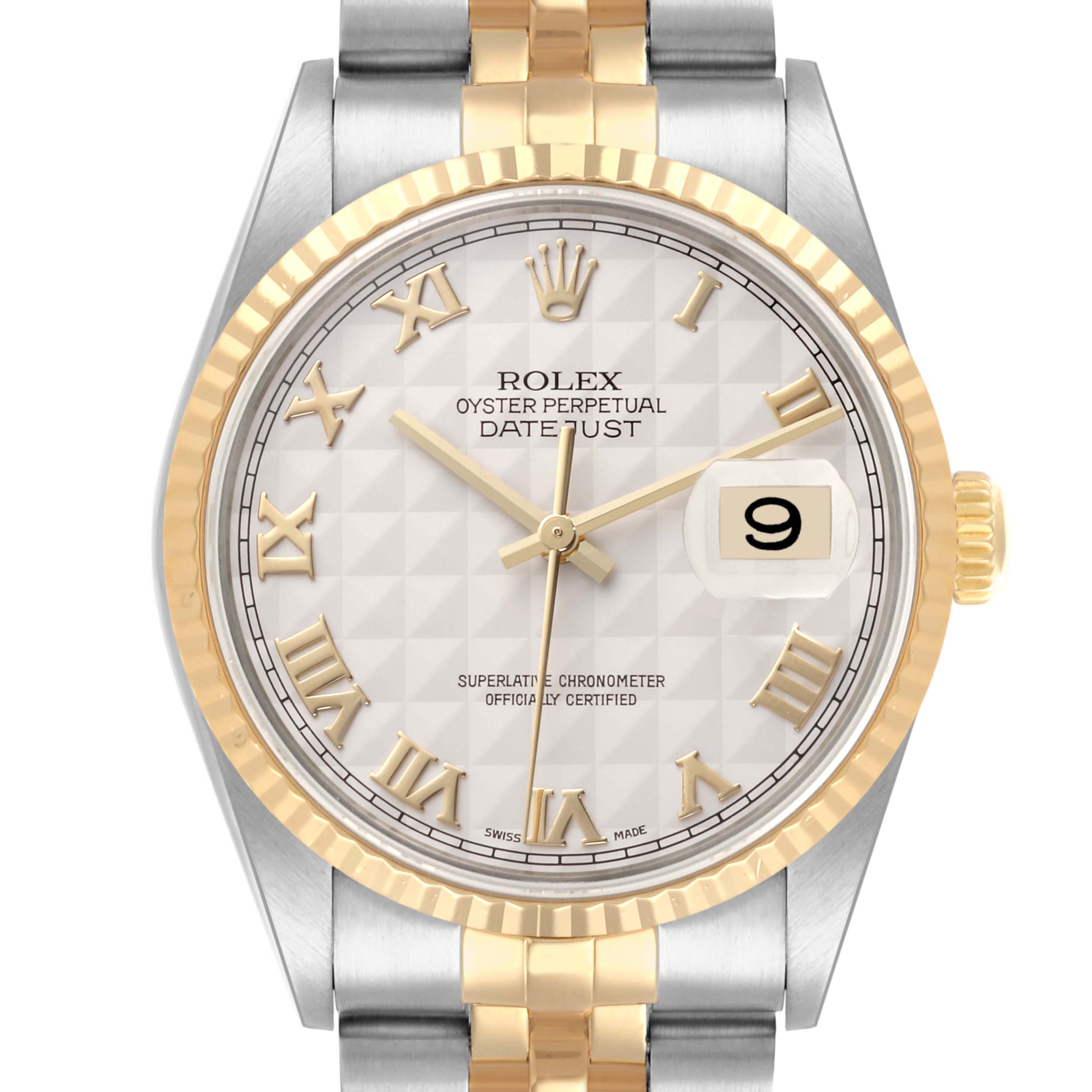 The Rolex Datejust 16233 Men
s Steel and Gold (two tone) White Dial 16233 Men
s Steel and Gold (two tone) White Dial watch is shown from the front, highlighting the face, bezel, crown, and part of the two-tone bracelet.