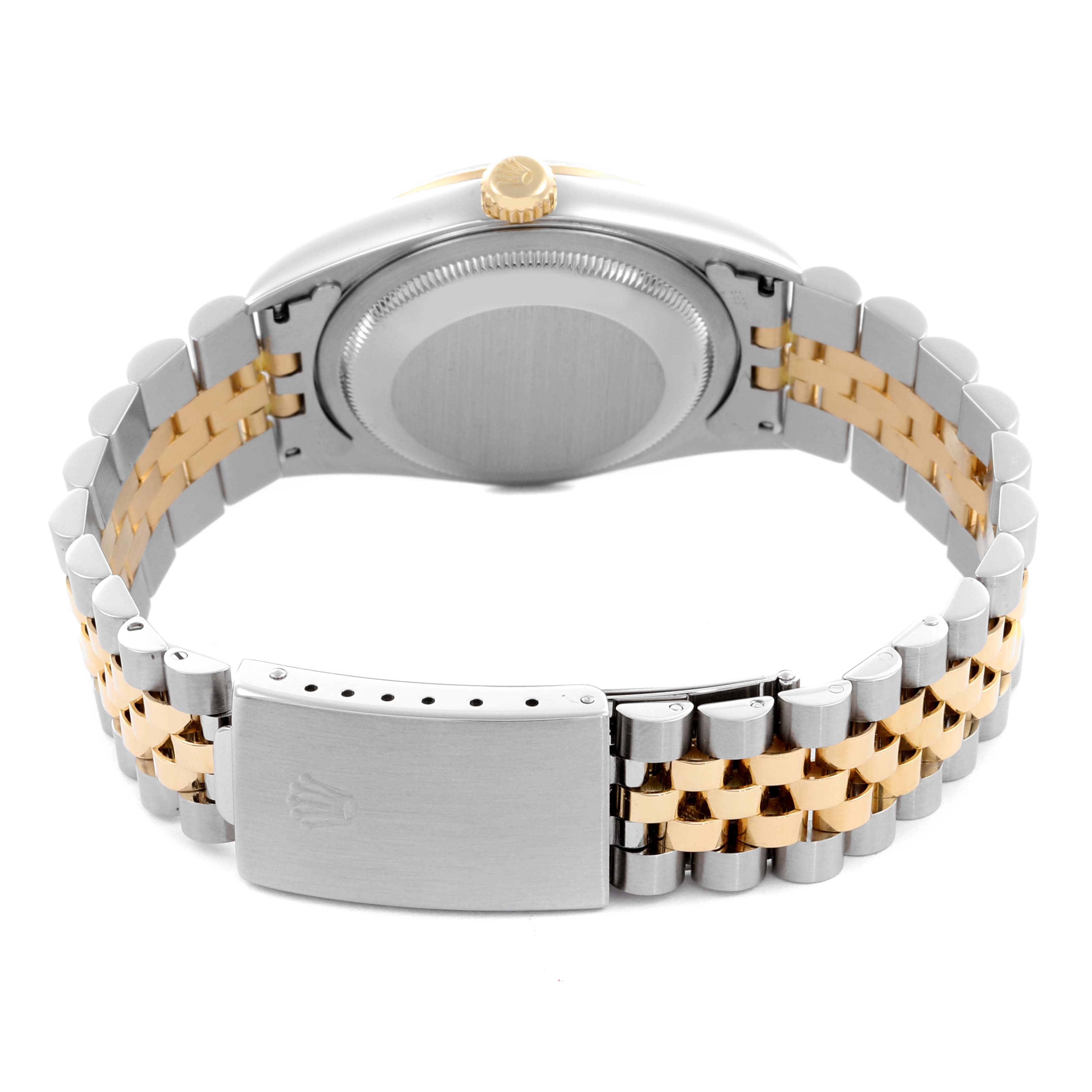 The image shows the backside of the Rolex Datejust 16233 Men
s Steel and Gold (two tone) White Dial 16233 Men
s Steel and Gold (two tone) White Dial watch, highlighting the case back, crown, and two-tone Jubilee bracelet.