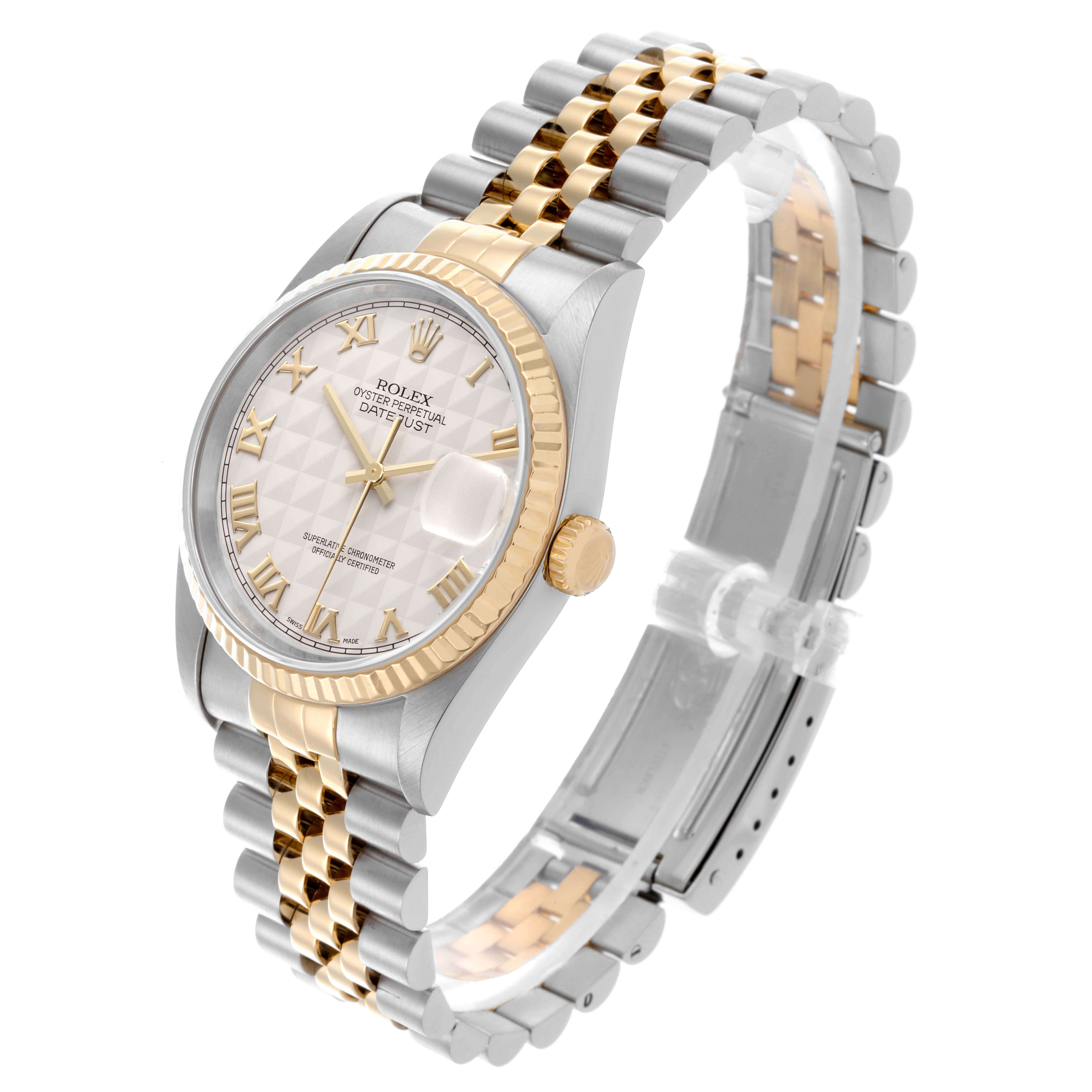 The Rolex Datejust 16233 Men
s Steel and Gold (two tone) White Dial 16233 Men
s Steel and Gold (two tone) White Dial watch is shown at an angle highlighting its face, bezel, crown, and two-tone bracelet.