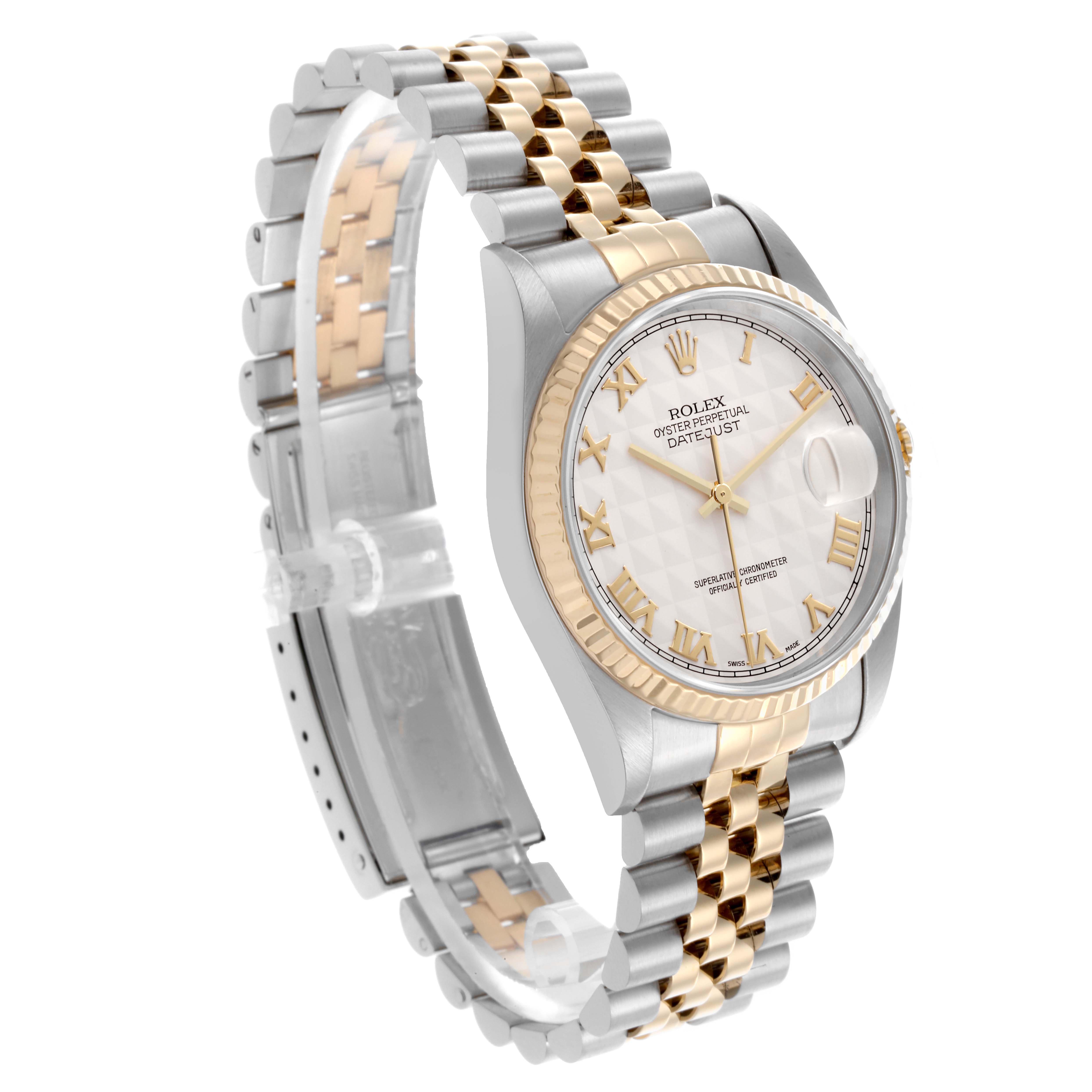 The Rolex Datejust 16233 Men
s Steel and Gold (two tone) White Dial 16233 Men
s Steel and Gold (two tone) White Dial watch is shown at an angled side view, highlighting the dial, fluted bezel, and two-tone bracelet.