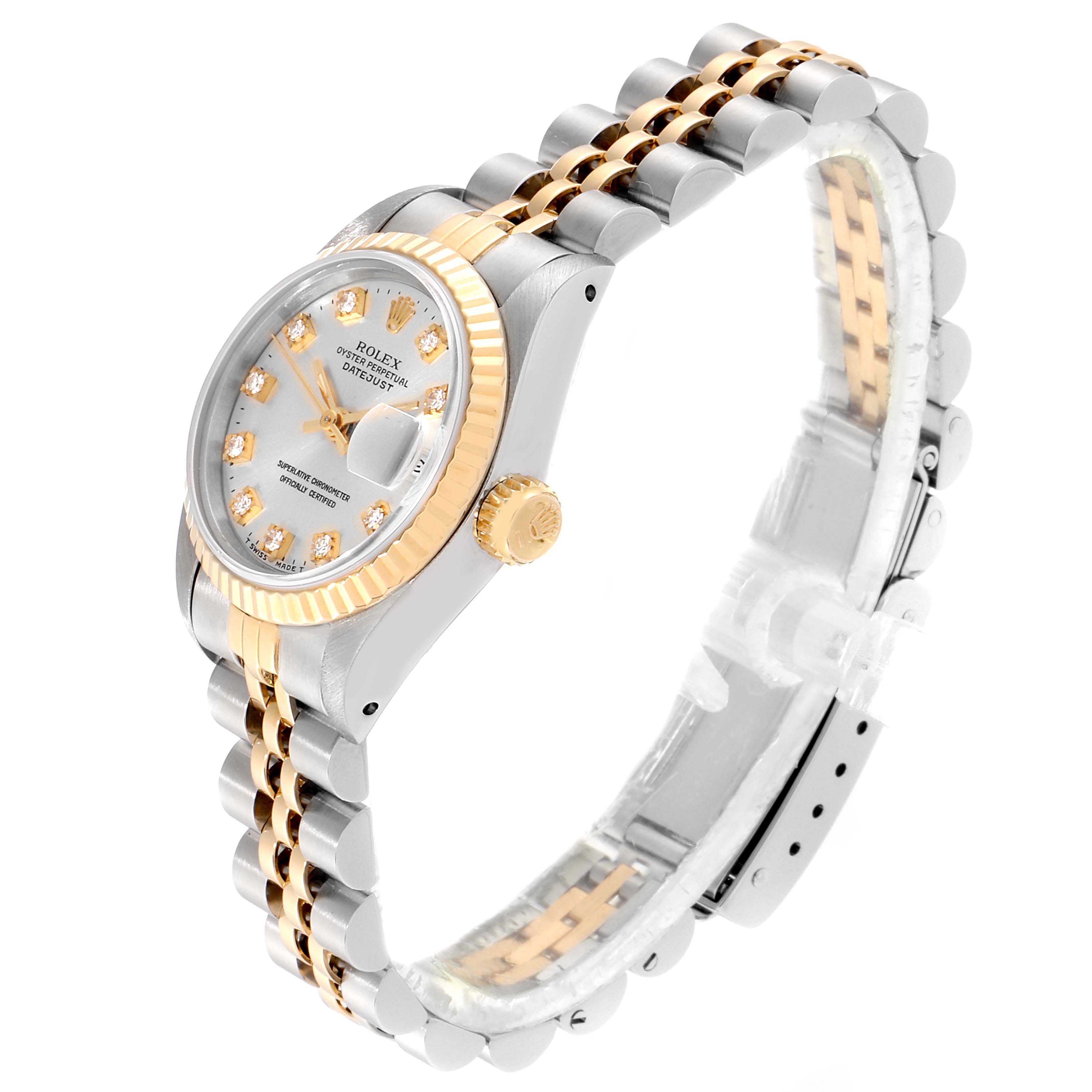 The image shows a Rolex Datejust 69173 Women's Steel and Gold (two tone) Silver Dial 69173 Women's Steel and Gold (two tone) Silver Dial watch from a side angle, highlighting its two-tone gold and silver bracelet and fluted bezel.