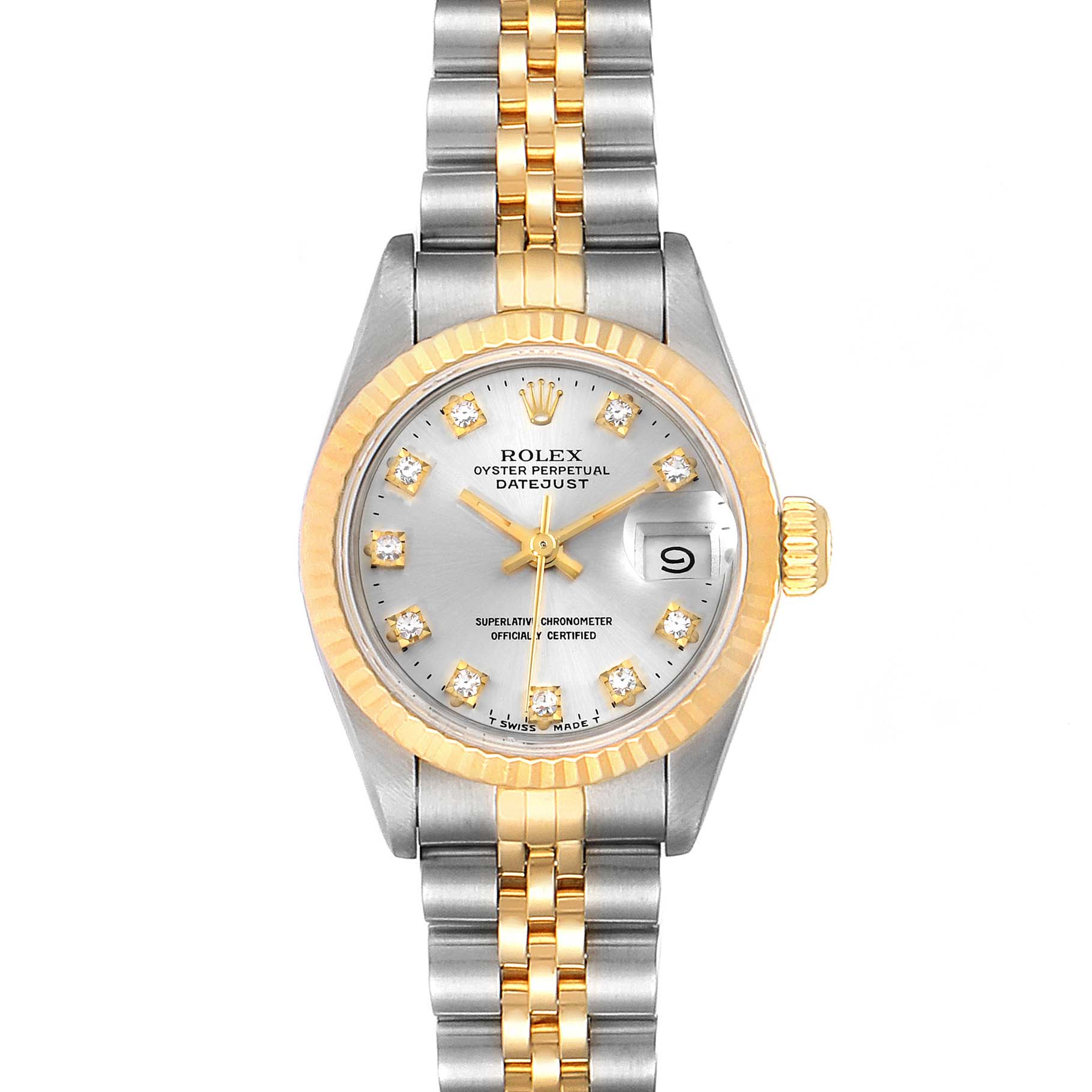 This image shows a Rolex Datejust 69173 Women's Steel and Gold (two tone) Silver Dial 69173 Women's Steel and Gold (two tone) Silver Dial watch from a top-down angle, featuring the dial, bezel, crown, and partial bracelet.
