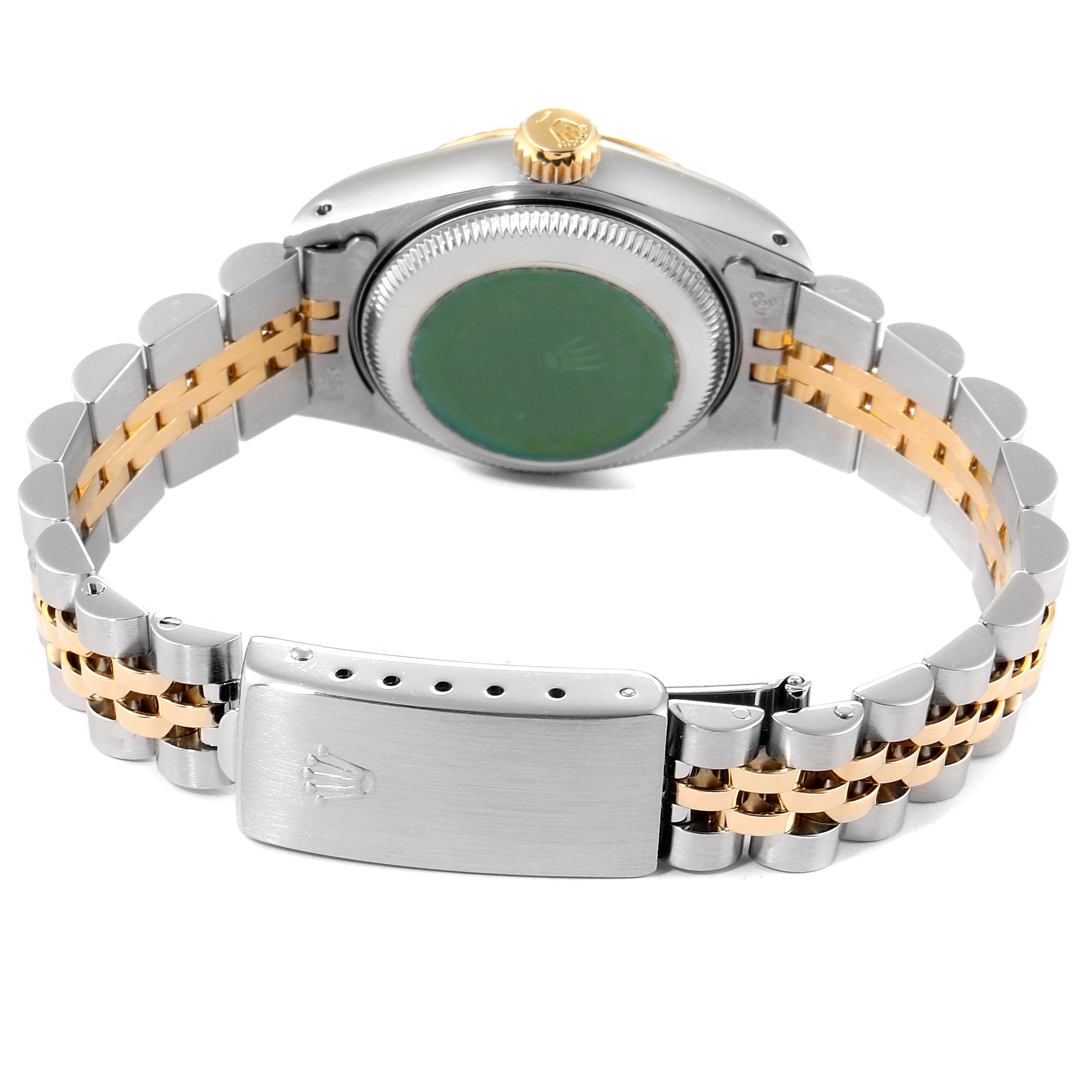 The image shows the back view of a Rolex Datejust 69173 Women's Steel and Gold (two tone) Silver Dial 69173 Women's Steel and Gold (two tone) Silver Dial watch featuring its clasp and two-tone bracelet.