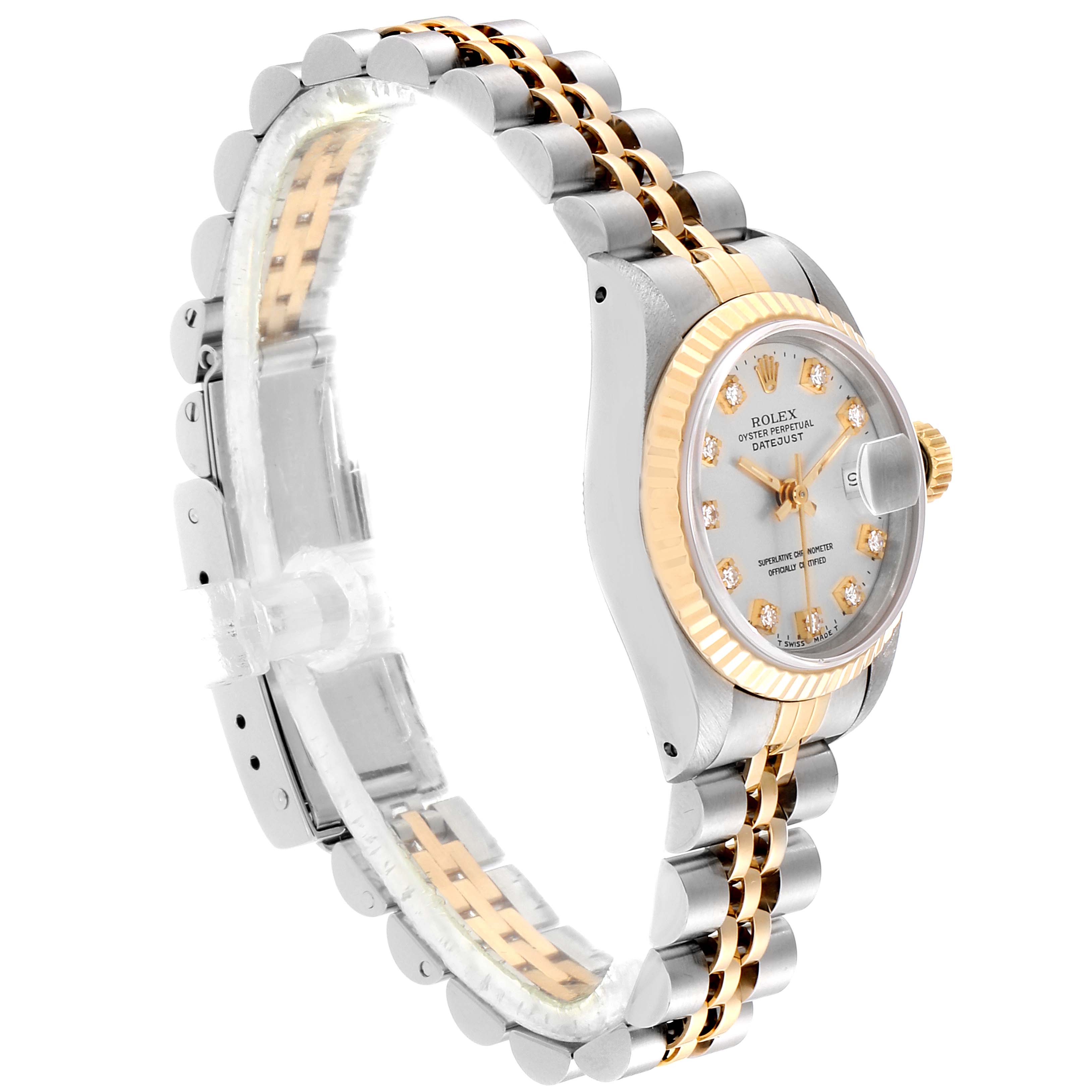 This image shows a Rolex Datejust 69173 Women's Steel and Gold (two tone) Silver Dial 69173 Women's Steel and Gold (two tone) Silver Dial watch at a three-quarter side angle, highlighting the face, bezel, and bracelet.
