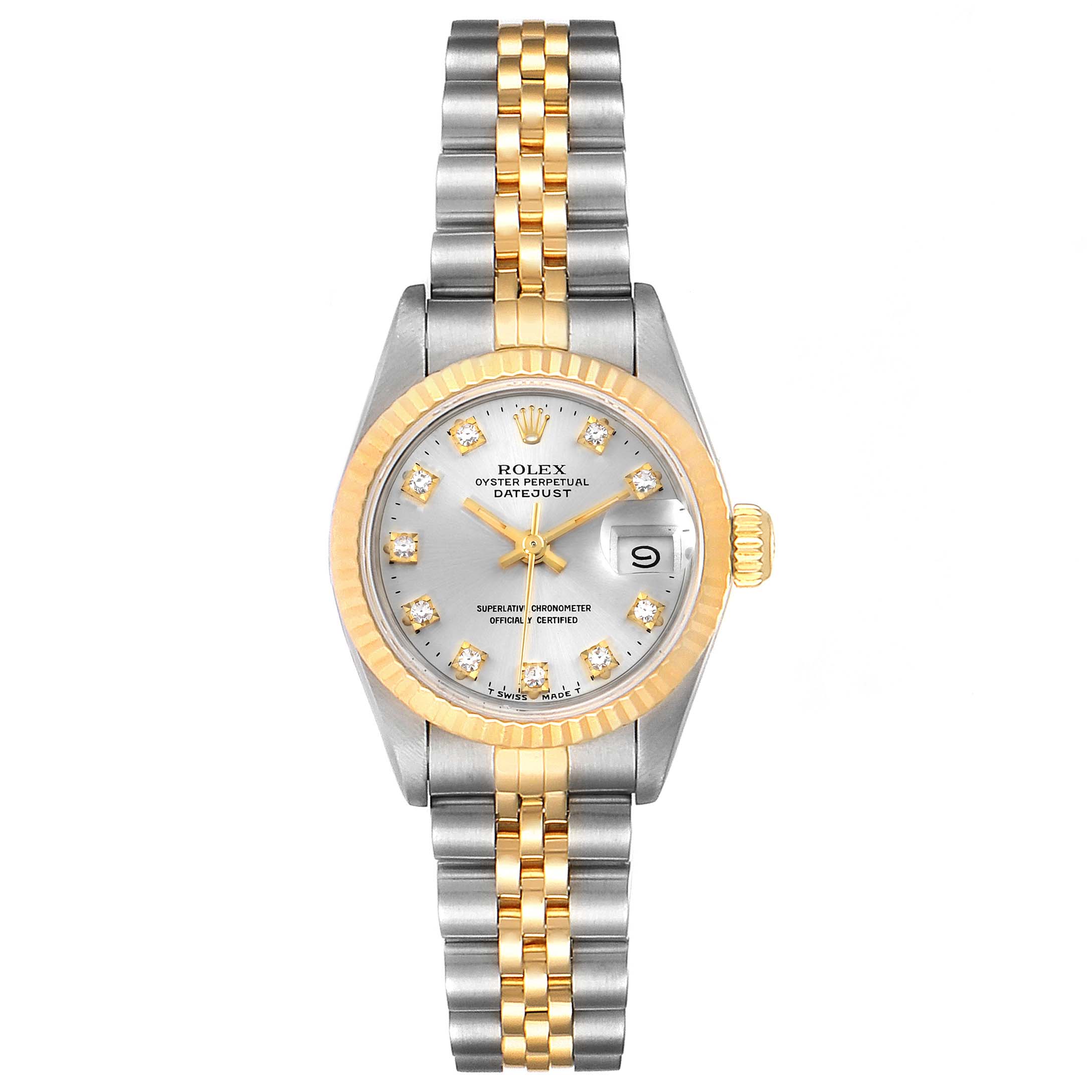 This image shows a frontal view of a Rolex Datejust 69173 Women's Steel and Gold (two tone) Silver Dial 69173 Women's Steel and Gold (two tone) Silver Dial watch, featuring the dial, bezel, and bracelet.