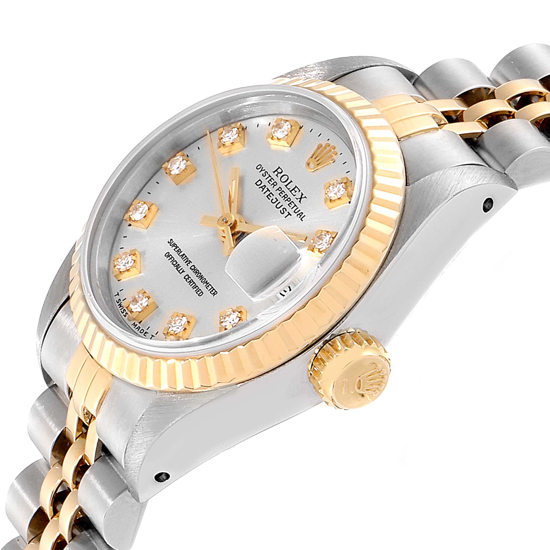 This image shows a Rolex Datejust 69173 Women's Steel and Gold (two tone) Silver Dial 69173 Women's Steel and Gold (two tone) Silver Dial watch at a slight angle, highlighting the face, bezel, crown, and part of the bracelet.