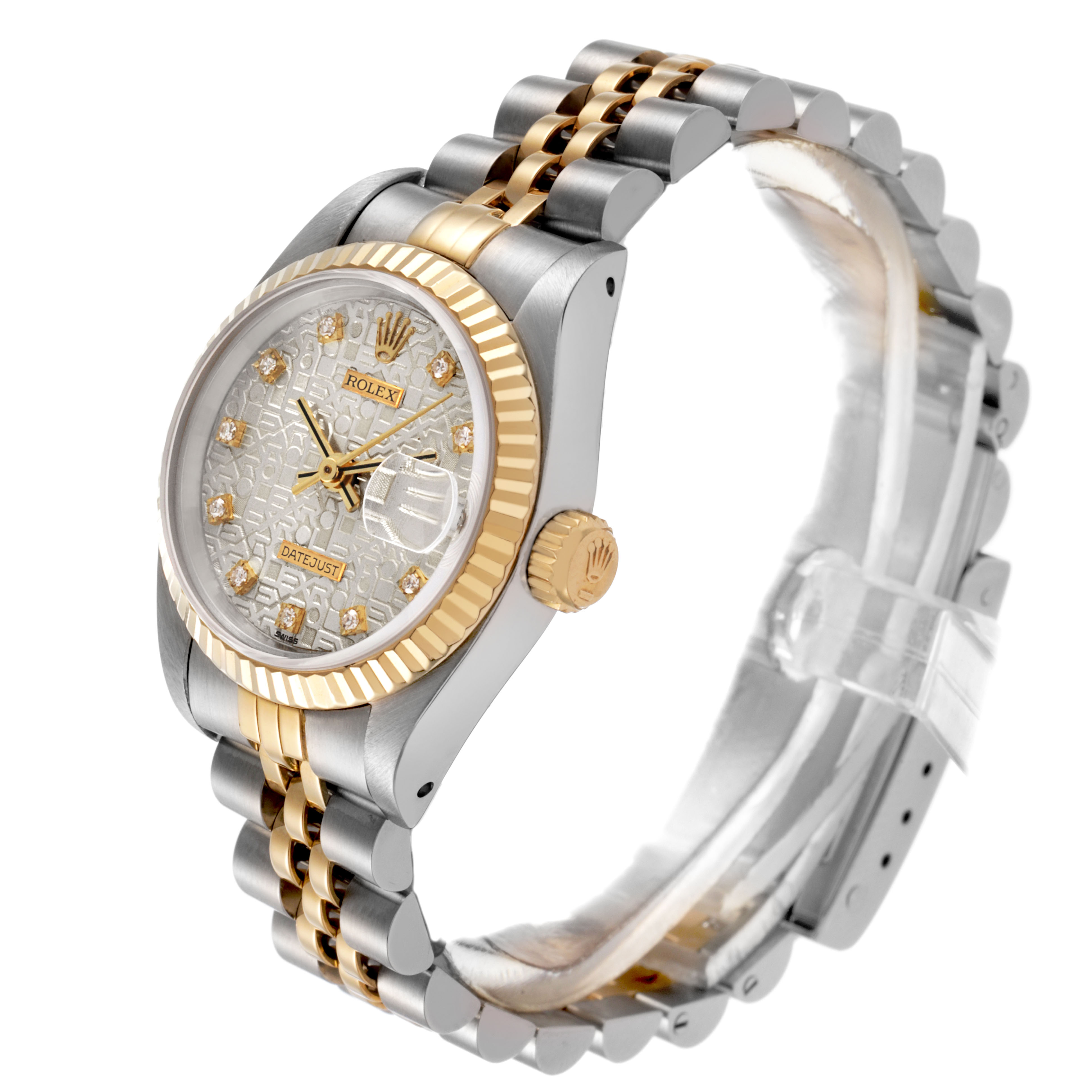 The Rolex Datejust 69173 Women's Steel and Gold (two tone) Silver Dial watch is shown at a slight angle, highlighting the face, bezel, crown, and bracelet.