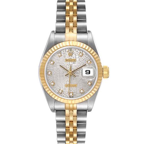 The Rolex Datejust 69173 Women's Steel and Gold (two tone) Silver Dial watch is shown from a front angle, highlighting the dial, bezel, crown, and two-tone bracelet.