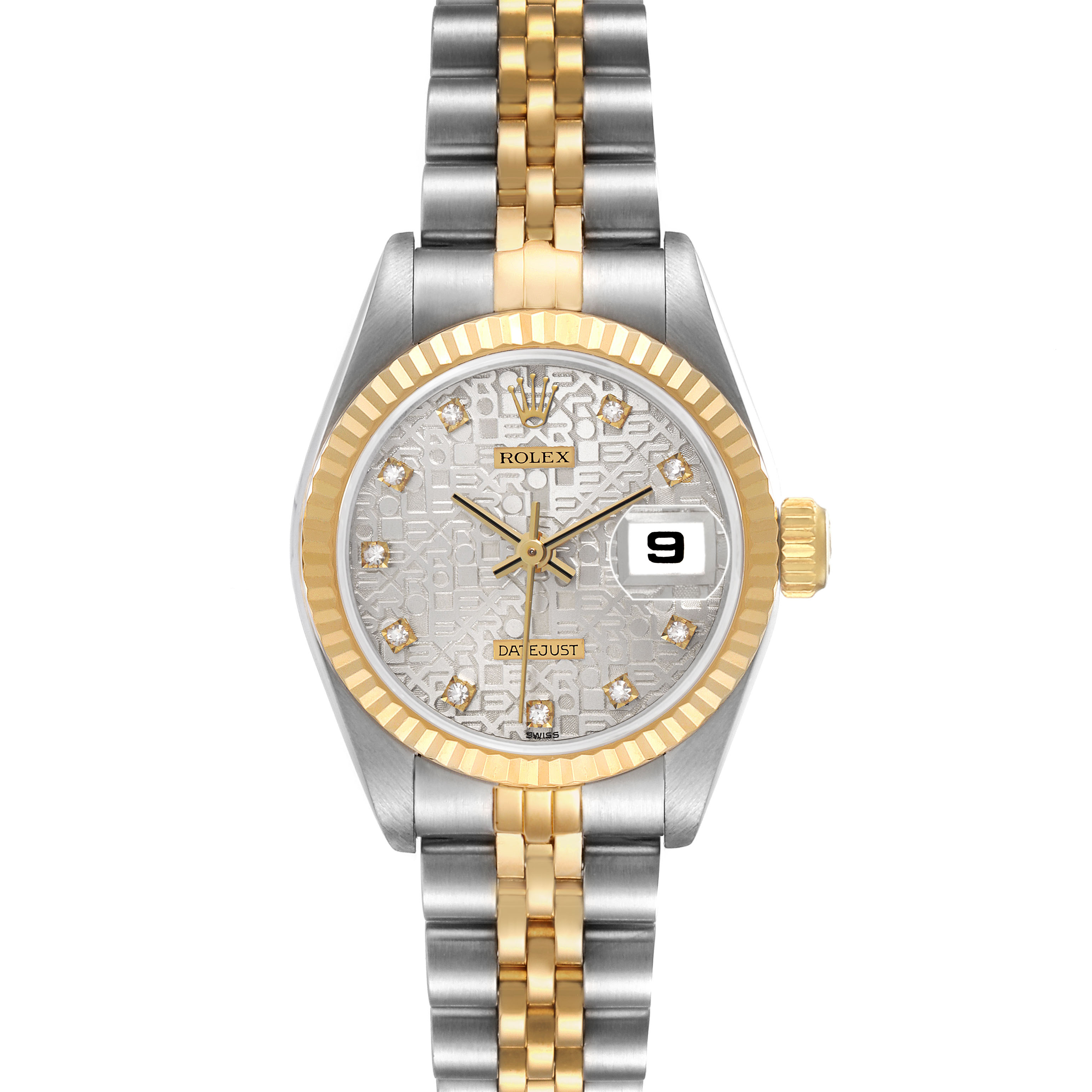 The Rolex Datejust 69173 Women's Steel and Gold (two tone) Silver Dial watch is shown from the front, displaying the dial, bezel, and bracelet.