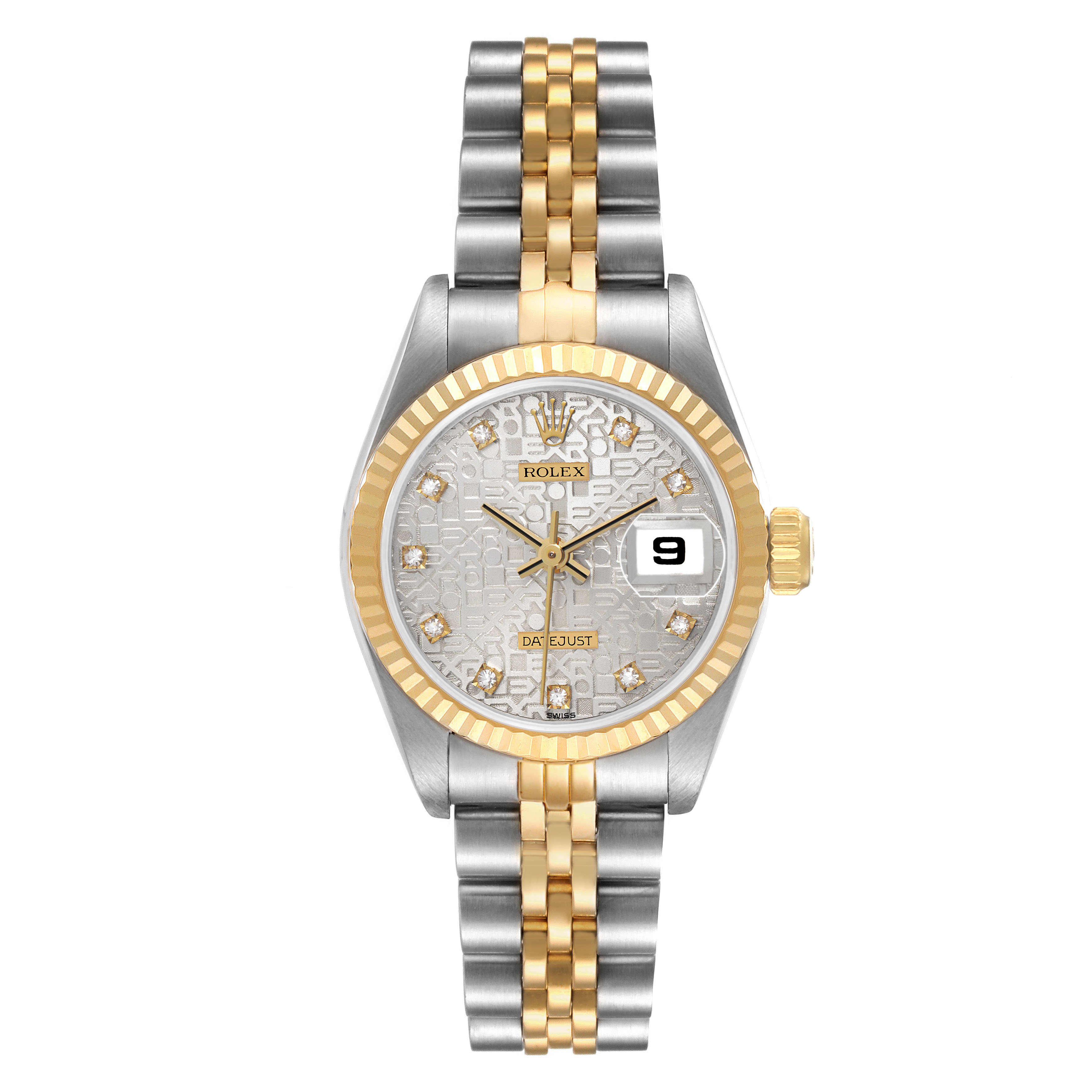 The Rolex Datejust 69173 Women's Steel and Gold (two tone) Silver Dial watch is shown from a front angle, highlighting its bezel, dial, hands, bracelet, and date feature.
