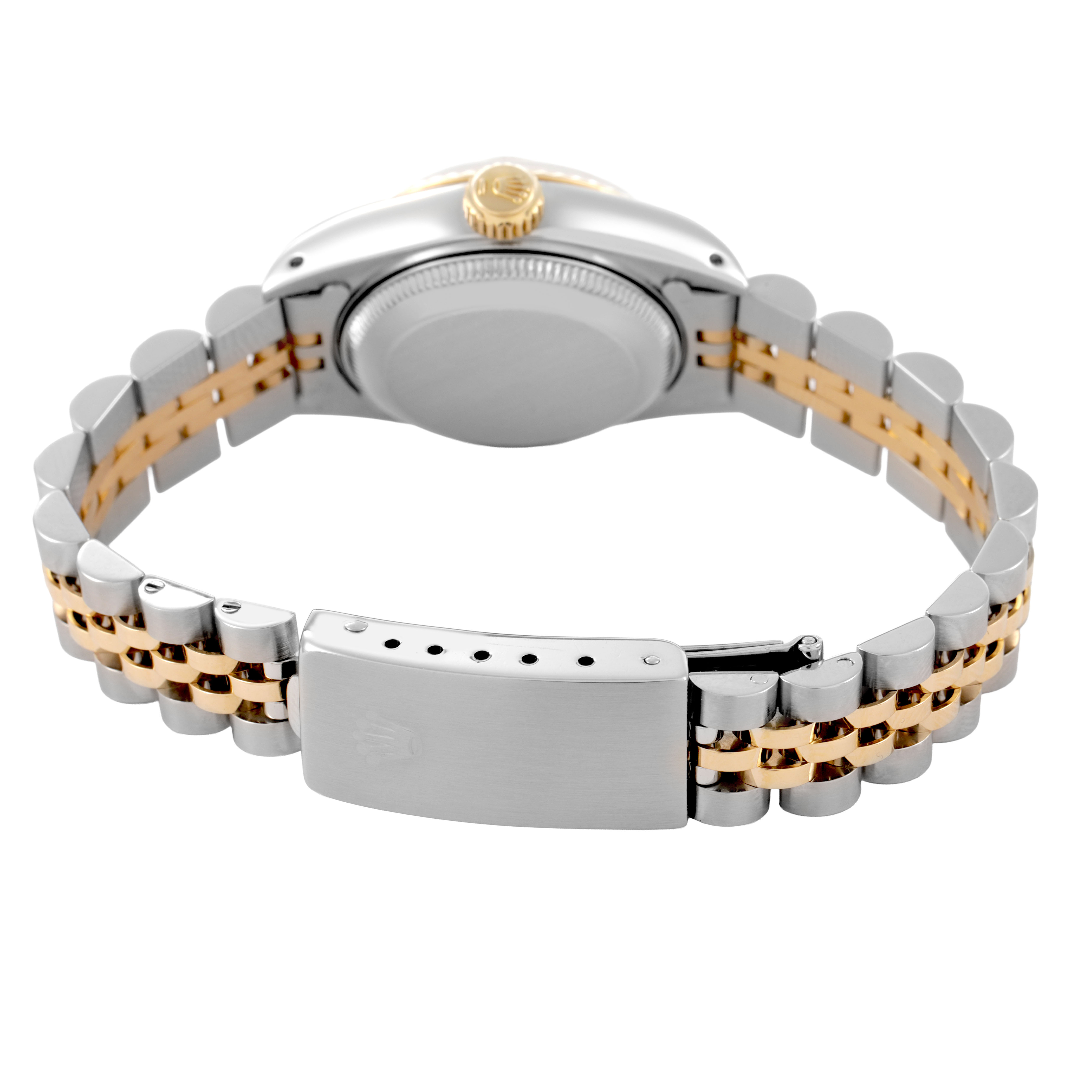 The image shows the Rolex Datejust 69173 Women's Steel and Gold (two tone) Silver Dial from a rear angle, highlighting the case back, crown, and Jubilee bracelet with clasp.