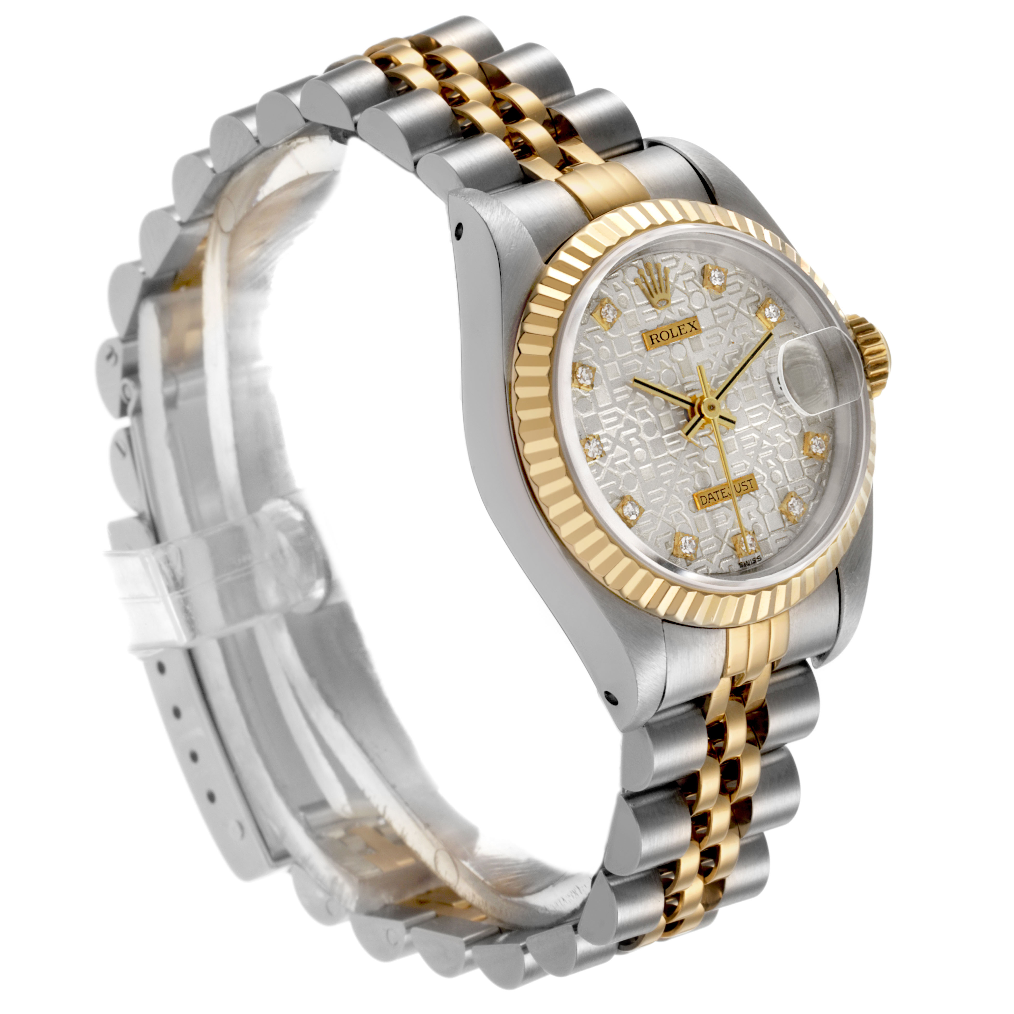 The Rolex Datejust 69173 Women's Steel and Gold (two tone) Silver Dial watch is shown at a three-quarter angle, displaying the dial, bezel, and part of the bracelet.
