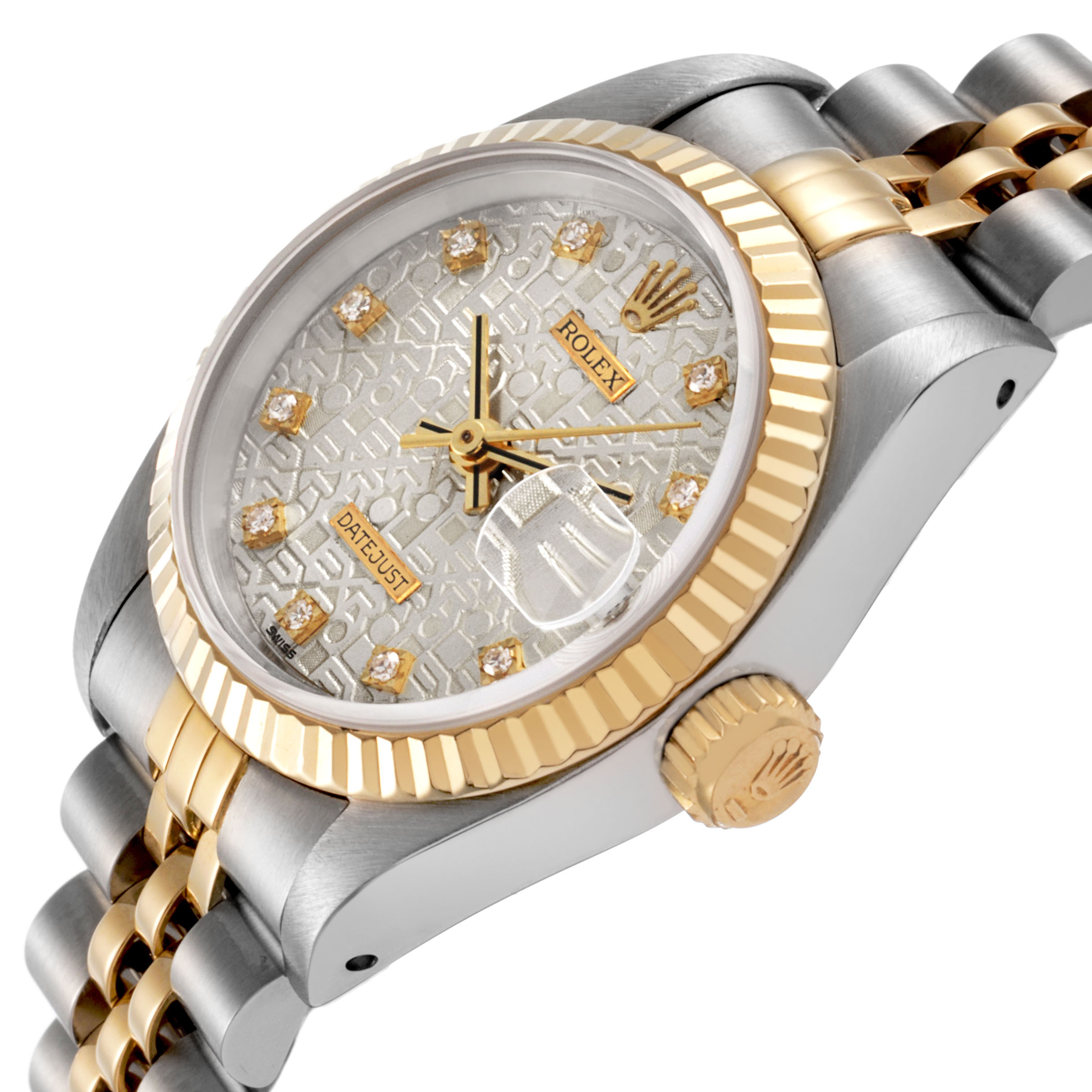 The Rolex Datejust 69173 Women's Steel and Gold (two tone) Silver Dial watch is shown at a slight angle, highlighting the dial, bezel, and gold/silver bracelet bands.