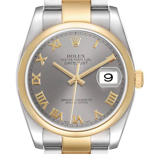 The Rolex Datejust 116203 Men's Steel and Gold (two tone) Grey Dial watch is shown from the front, highlighting the dial, bezel, hands, and parts of the bracelet.