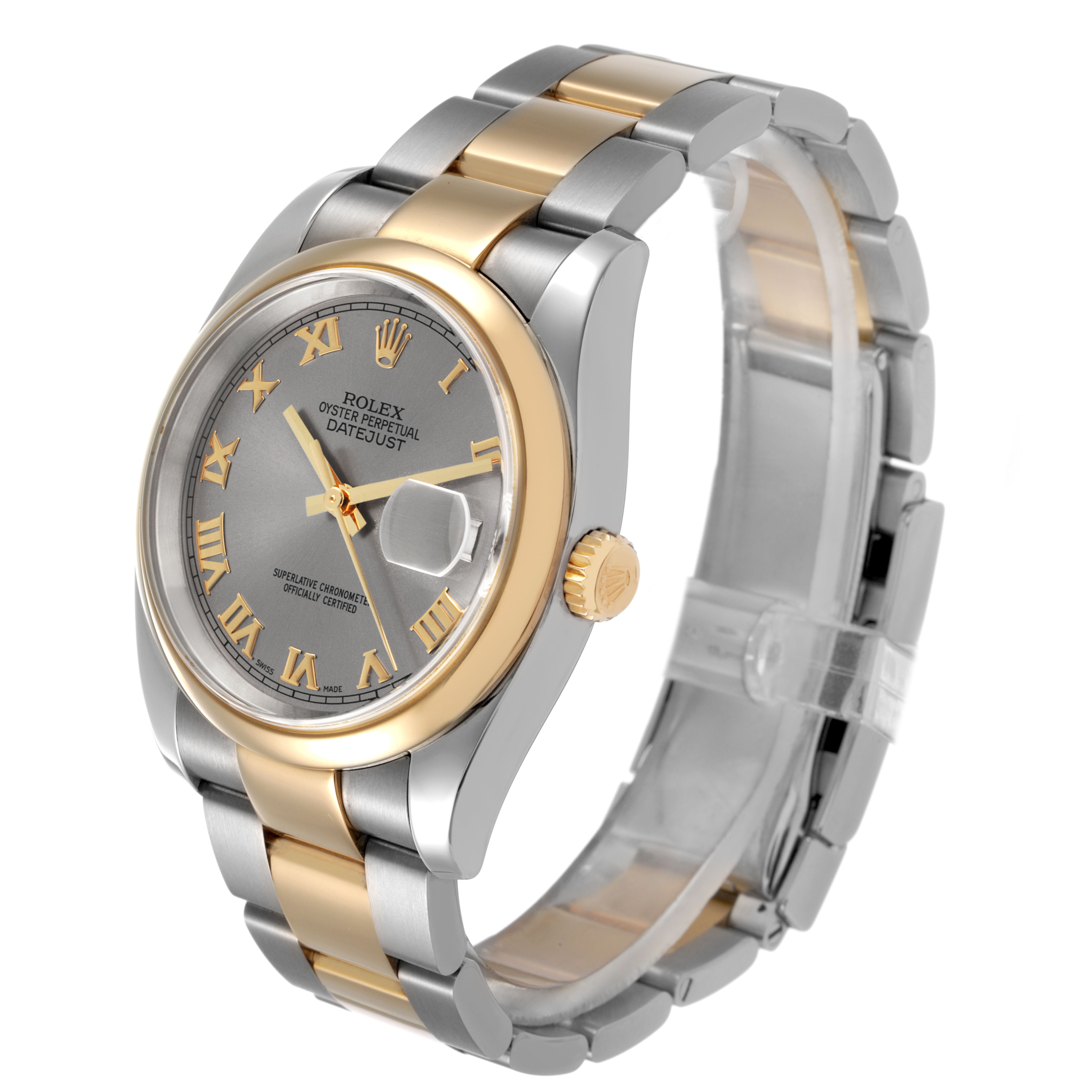 The Rolex Datejust 116203 Men's Steel and Gold (two tone) Grey Dial watch is shown at an angled view displaying its face, bezel, and bracelet with gold accents.