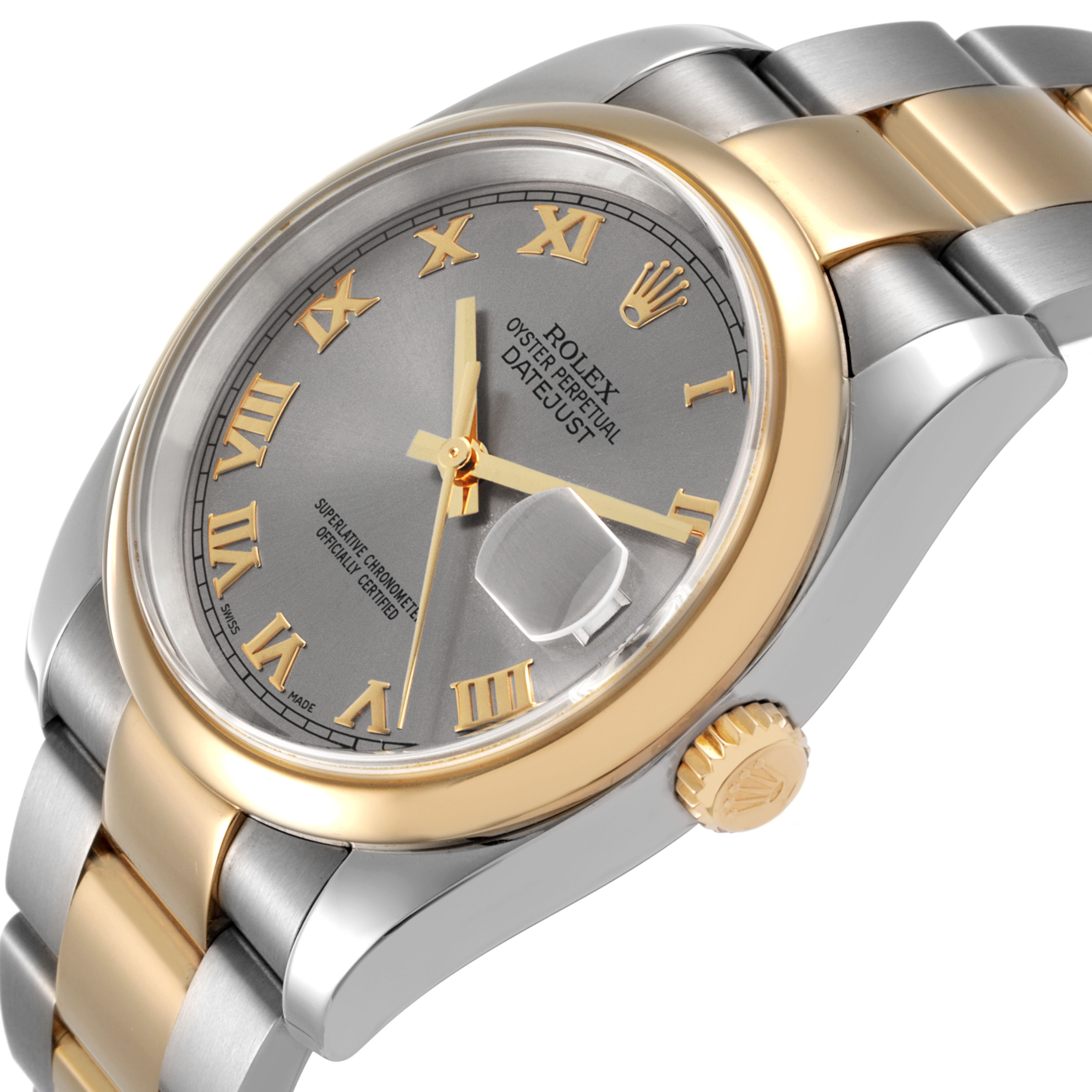The Rolex Datejust 116203 Men's Steel and Gold (two tone) Grey Dial watch is shown from a tilted angle highlighting the dial, bezel, bracelet, and crown.