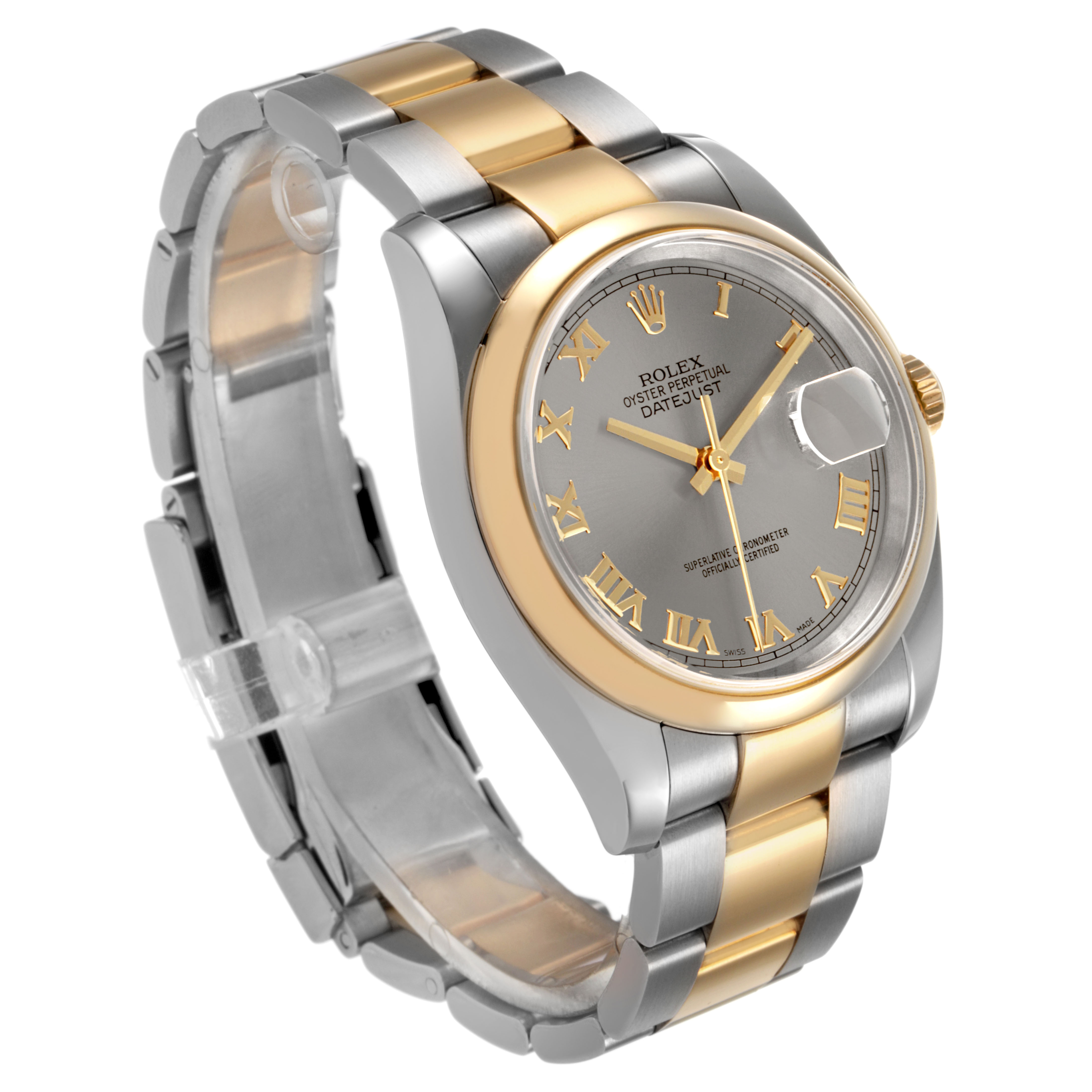 The Rolex Datejust 116203 Men's Steel and Gold (two tone) Grey Dial is shown at a three-quarter angle, highlighting its two-tone bracelet, dial, and bezel.