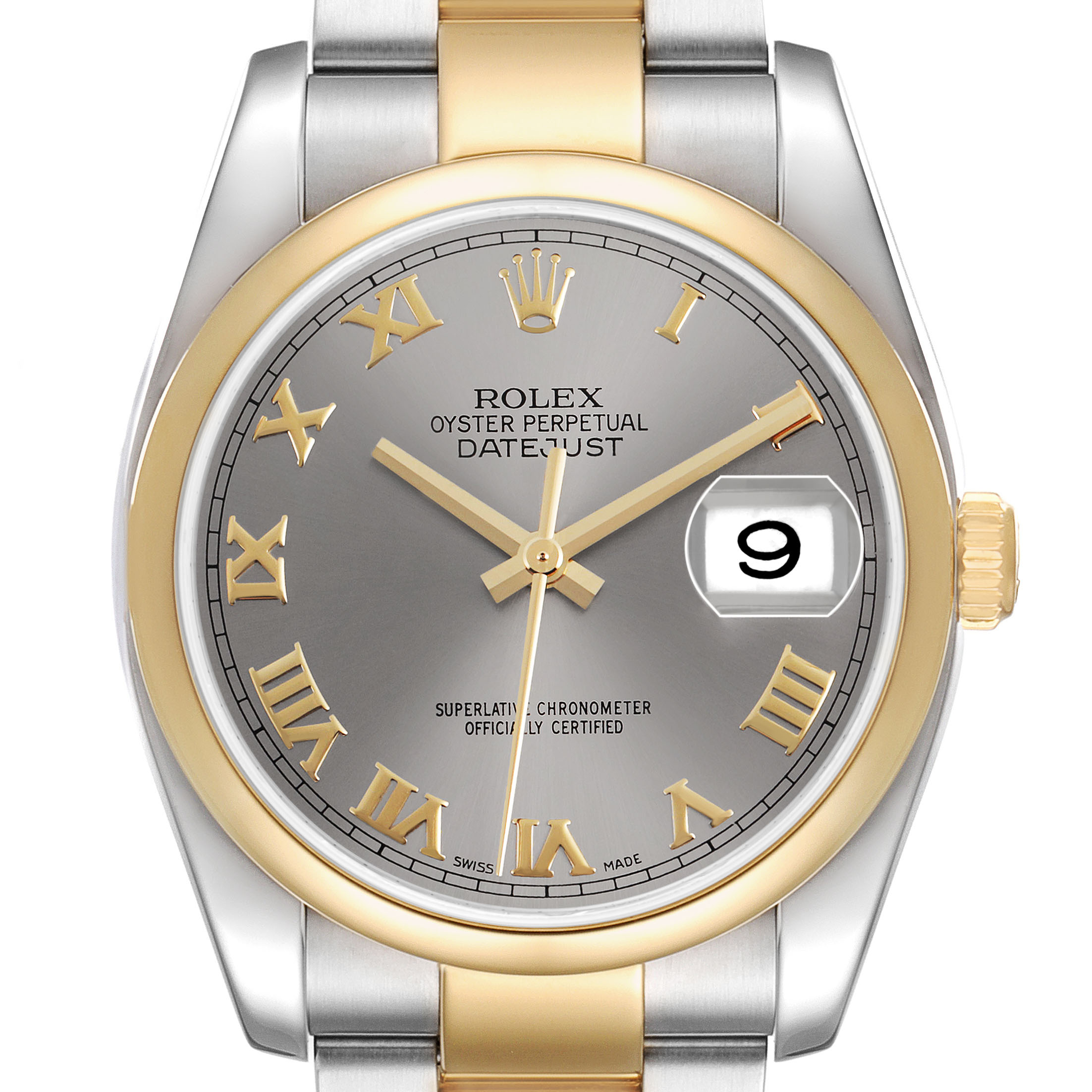 The Rolex Datejust 116203 Men's Steel and Gold (two tone) Grey Dial watch is shown from the front, highlighting the dial, bezel, and part of the bracelet.
