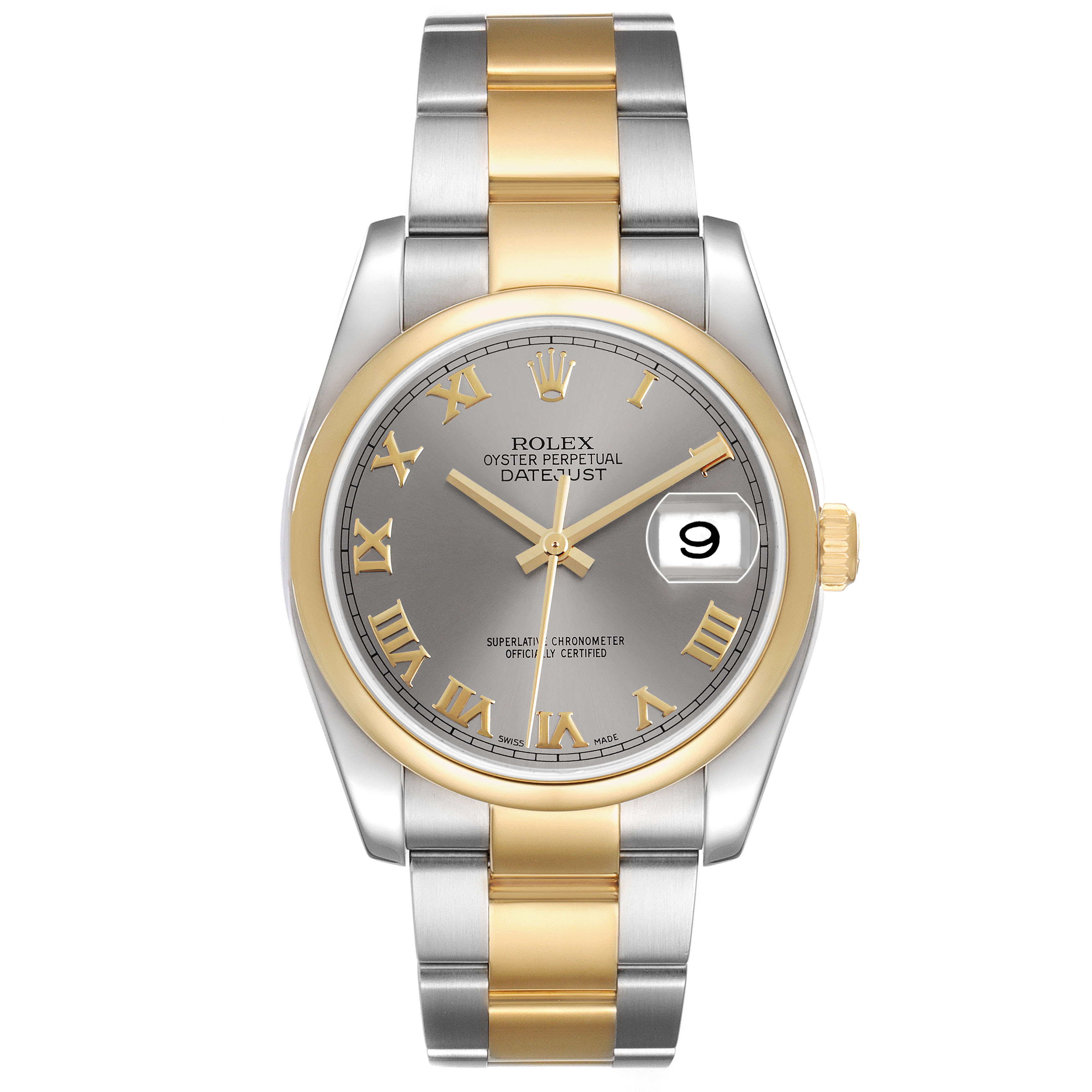 The face-on view of the Rolex Datejust 116203 Men's Steel and Gold (two tone) Grey Dial shows the dial, bezel, crown, and two-tone bracelet.