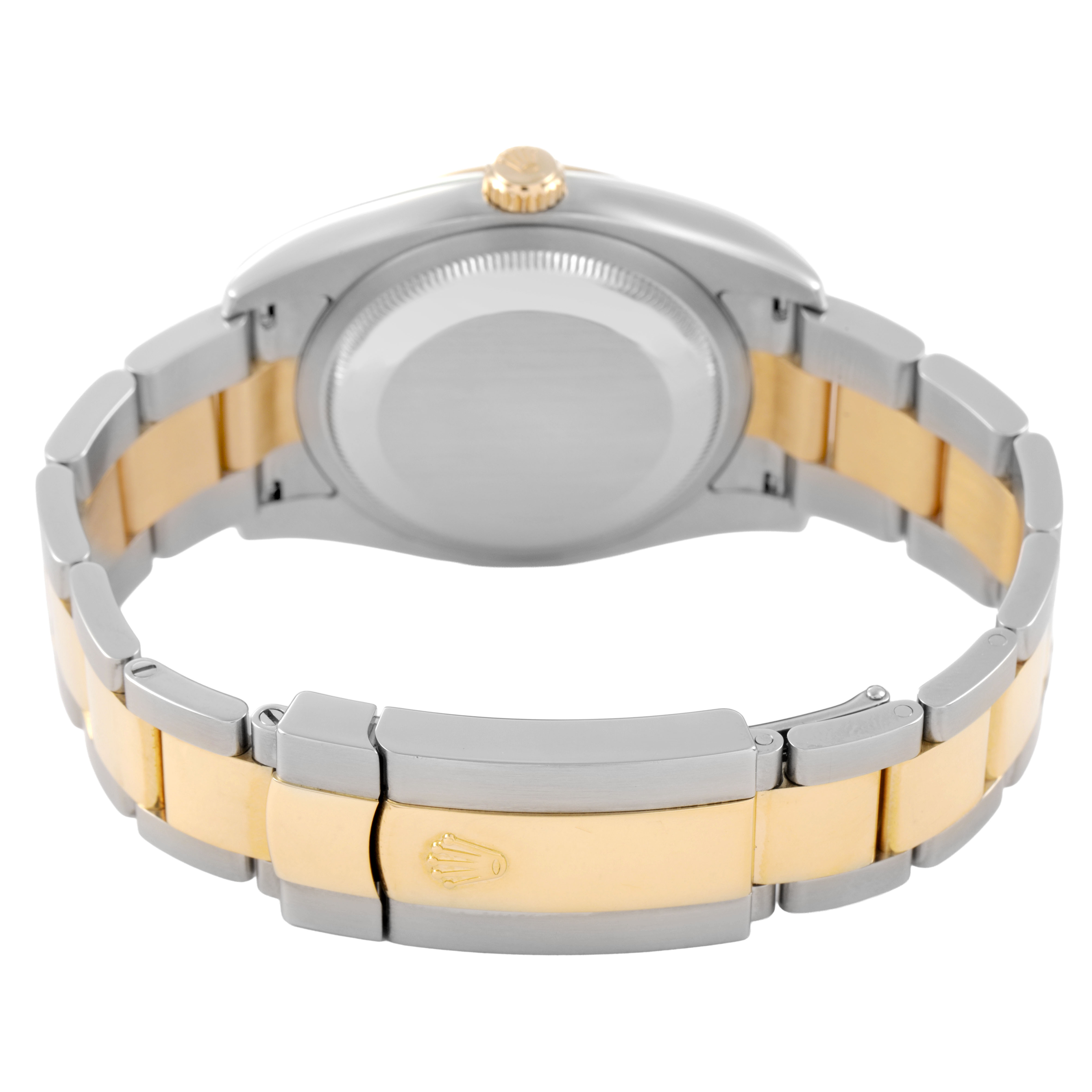 The Rolex Datejust 116203 Men's Steel and Gold (two tone) Grey Dial watch is shown from the back, focusing on the two-tone bracelet and clasp.