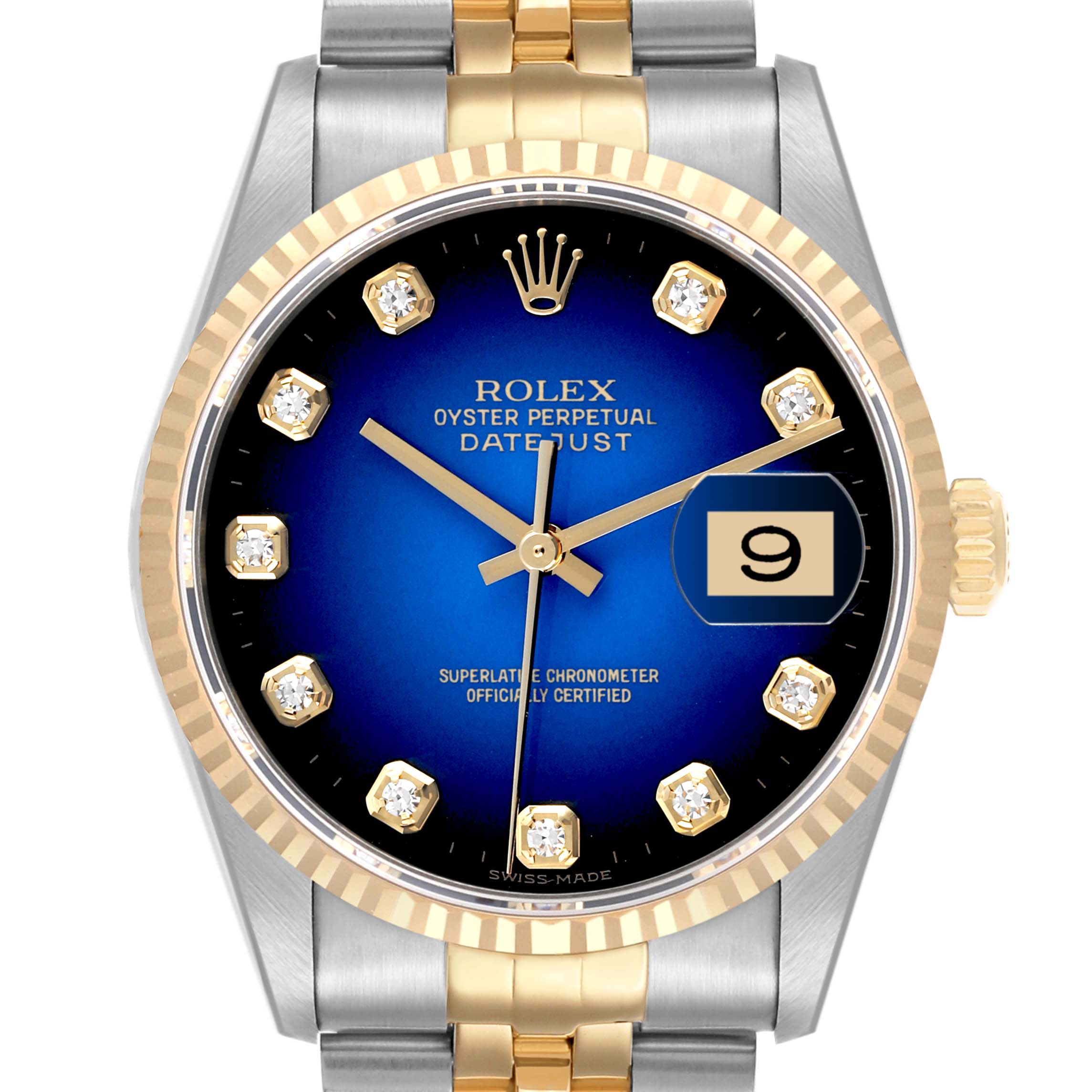 The image shows a Rolex Datejust 16233 Men's Steel and Gold (two tone) Blue Dial 16233 Men's Steel and Gold (two tone) Blue Dial watch from the front, highlighting its blue dial, diamond hour markers, and gold bezel.