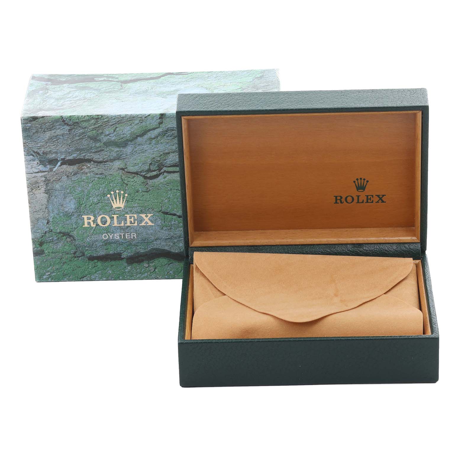 The image shows a Rolex Datejust 16233 Men's Steel and Gold (two tone) Blue Dial 16233 Men's Steel and Gold (two tone) Blue Dial watch box and outer packaging from a front angle.