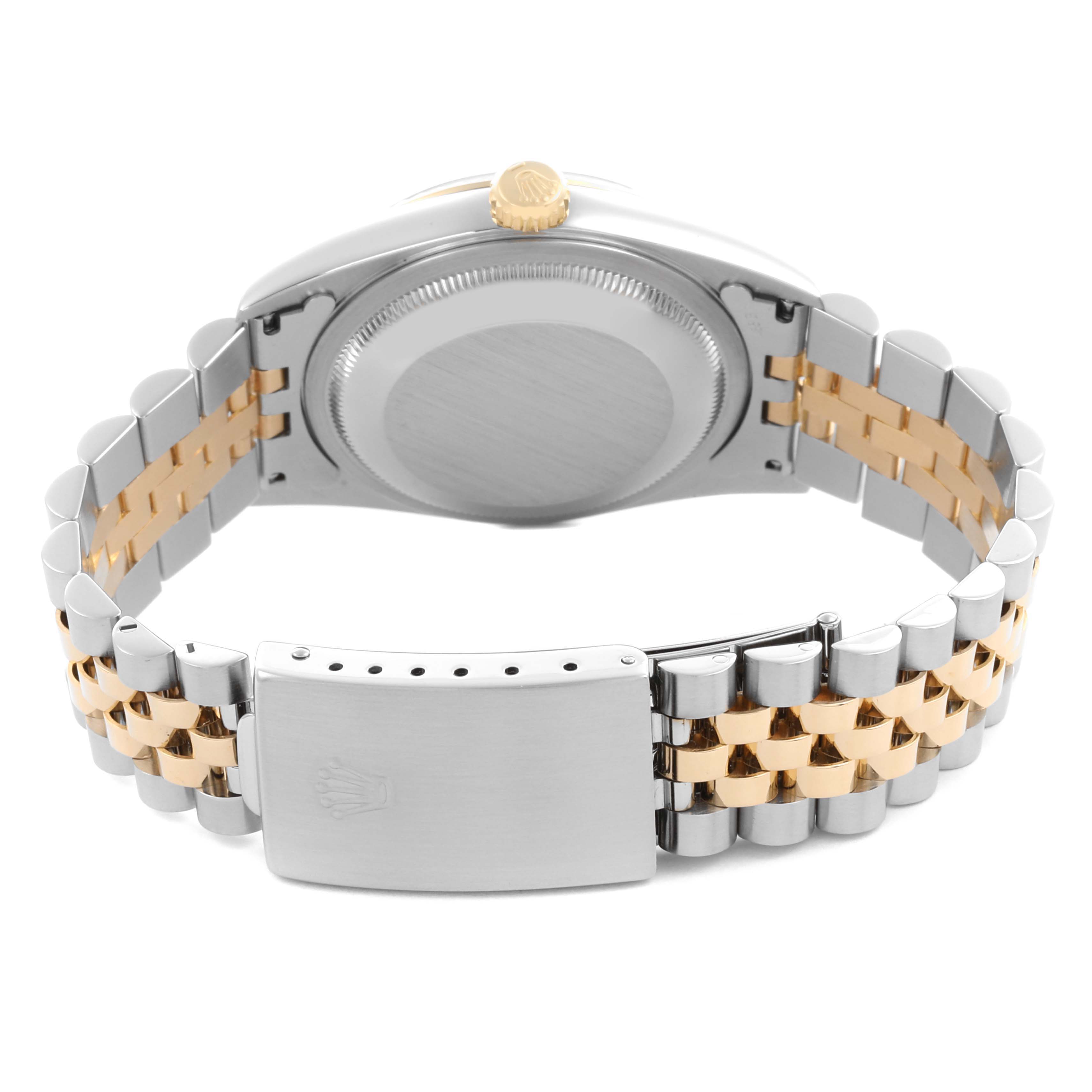 This image shows the back of the Rolex Datejust 16233 Men's Steel and Gold (two tone) Blue Dial 16233 Men's Steel and Gold (two tone) Blue Dial watch, highlighting the case back and two-tone bracelet clasp.