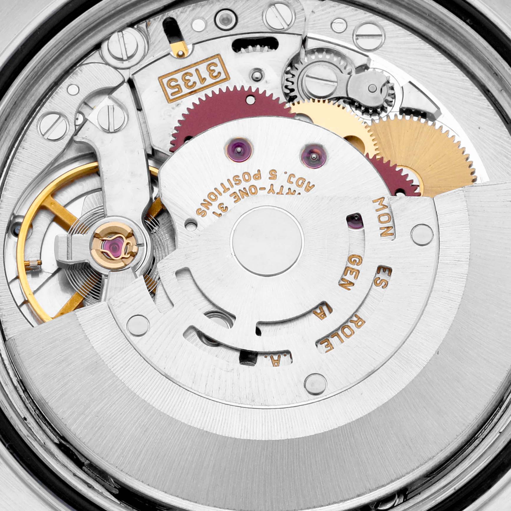 The image shows the Rolex Datejust 16233 Men's Steel and Gold (two tone) Blue Dial 16233 Men's Steel and Gold (two tone) Blue Dial movement from the back, highlighting gears and mechanical components.