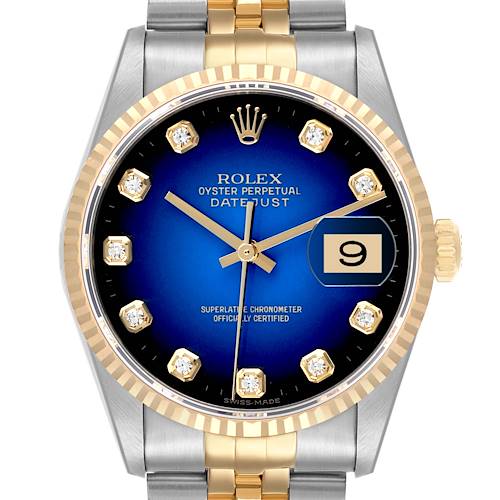 The Rolex Datejust watch is shown from the front, highlighting the face, bezel, and part of the bracelet.