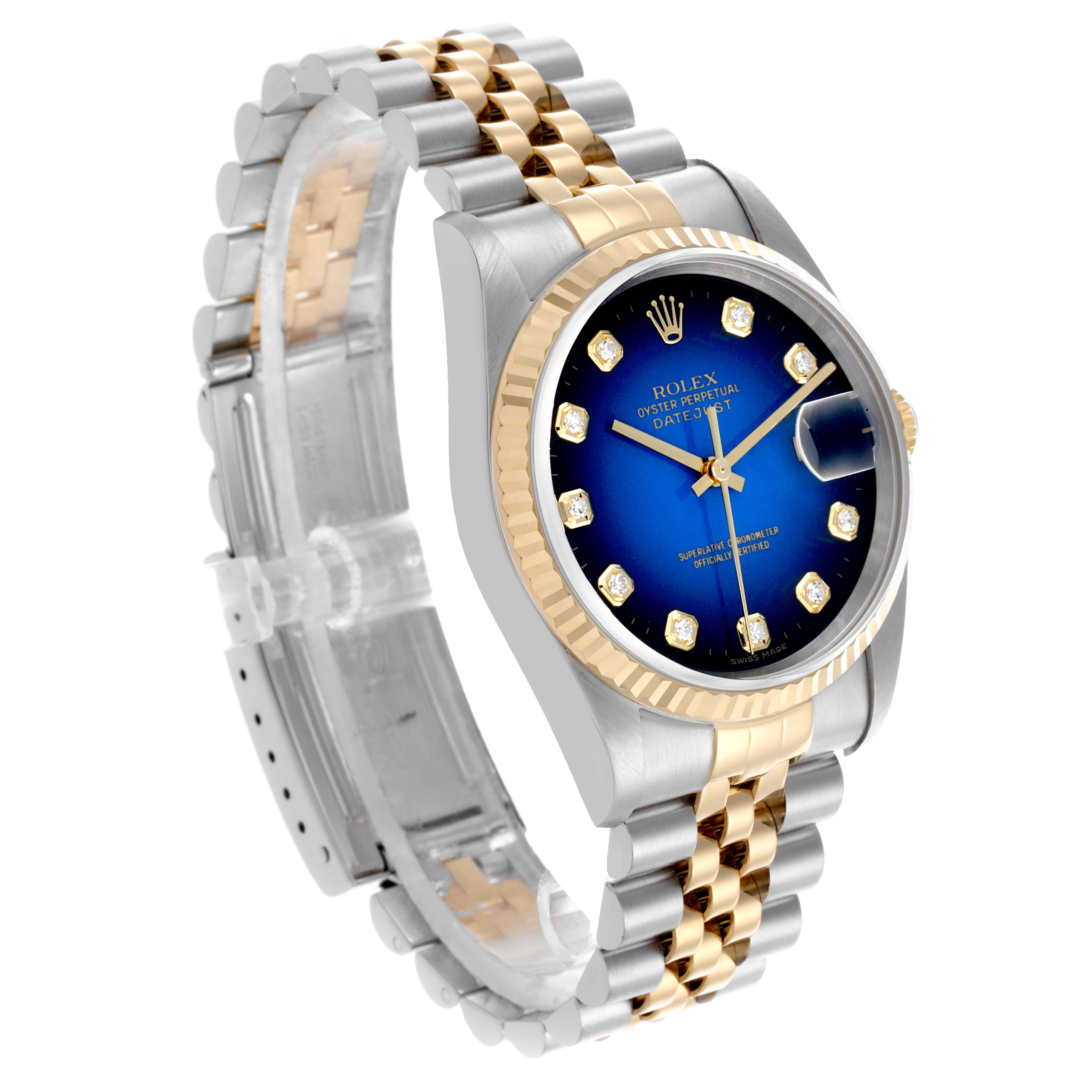 The Rolex Datejust 16233 Men's Steel and Gold (two tone) Blue Dial 16233 Men's Steel and Gold (two tone) Blue Dial watch is shown at a three-quarter angle, highlighting the dial, bezel, and bracelet.