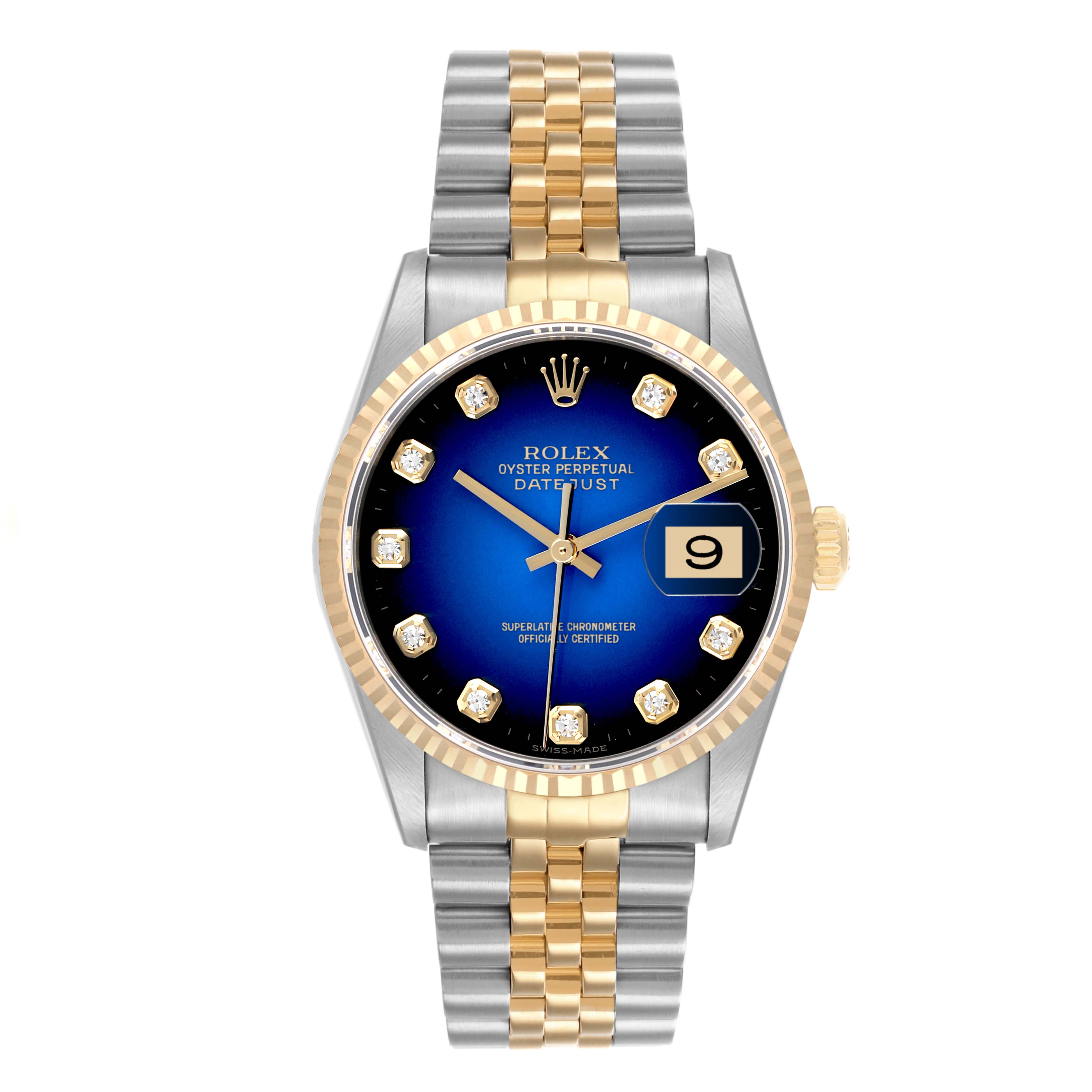 The Rolex Datejust 16233 Men's Steel and Gold (two tone) Blue Dial 16233 Men's Steel and Gold (two tone) Blue Dial watch is shown from the front, highlighting the blue dial, fluted bezel, and two-tone bracelet.