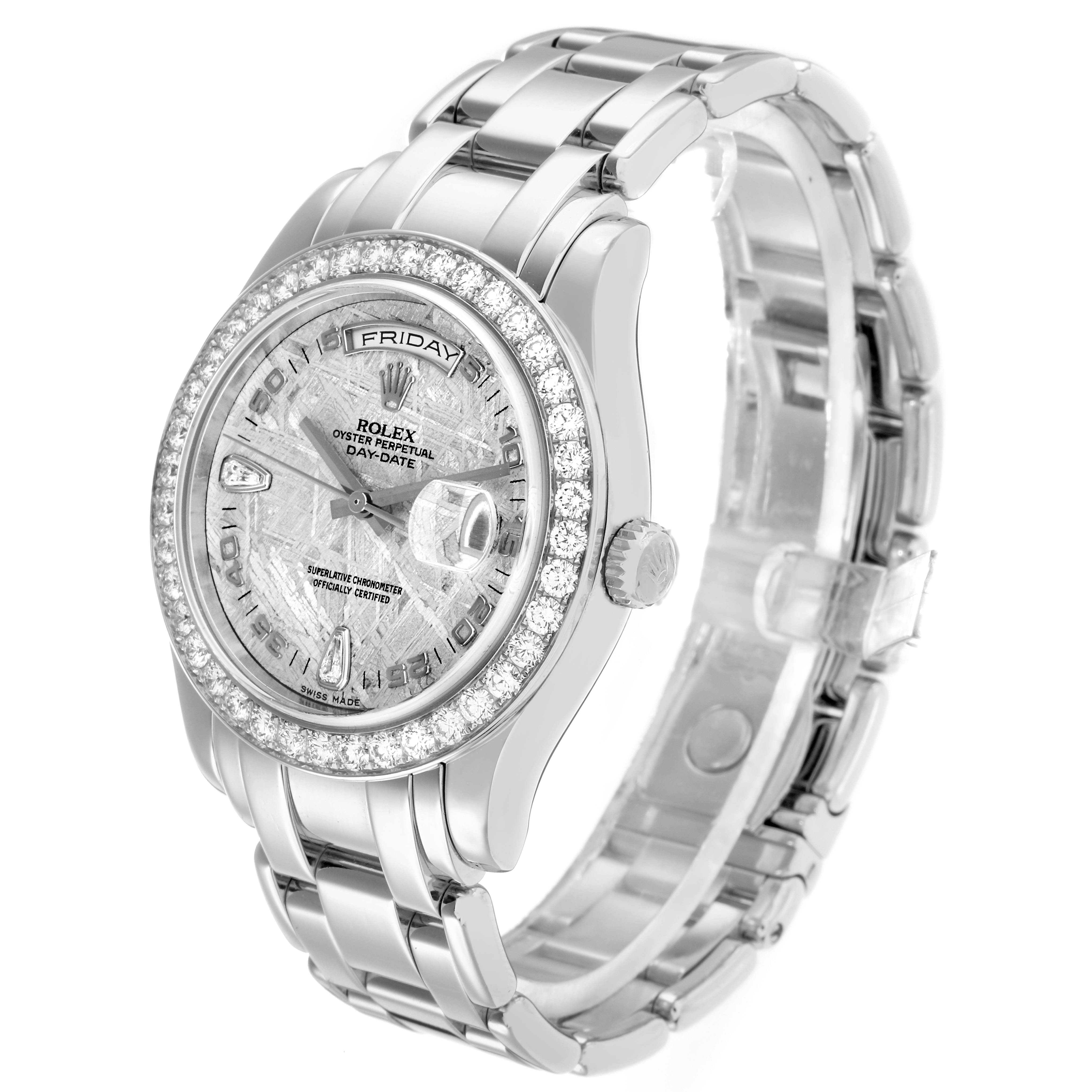 The image shows the Rolex Pearlmaster 18946 Men
s Platinum Silver Dial watch from a front-side angle, highlighting the bezel, dial, and bracelet.