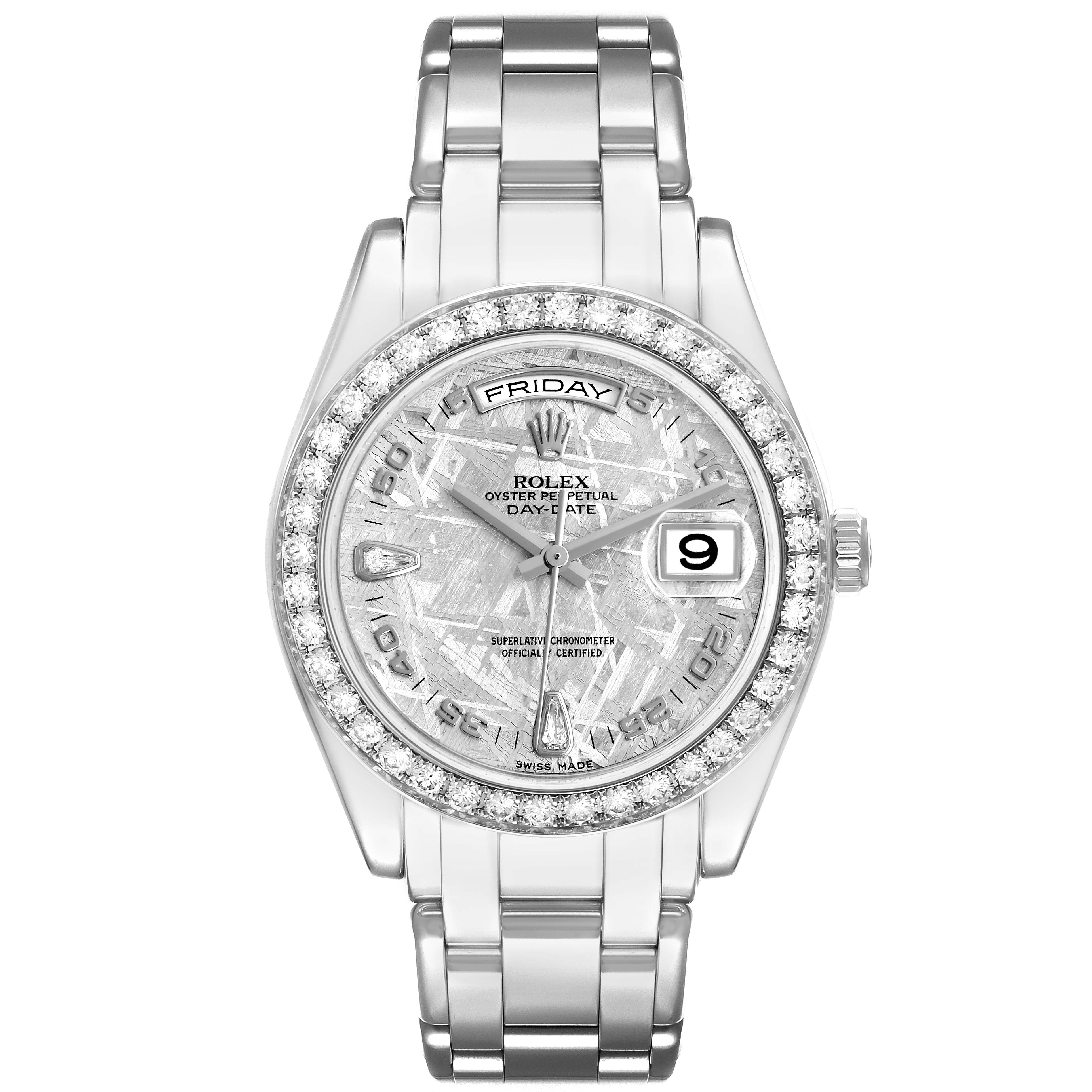 The Rolex Pearlmaster 18946 Men
s Platinum Silver Dial watch is shown from the front, displaying its dial, bezel, and bracelet.