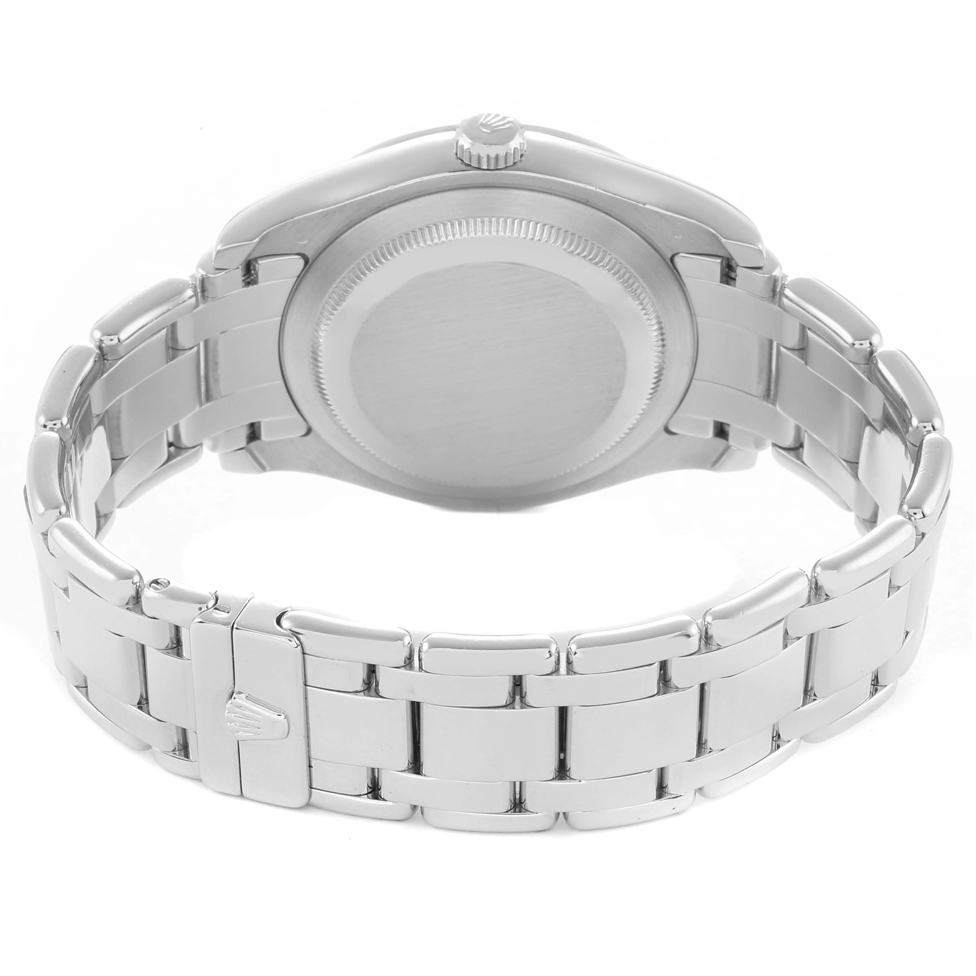 The image shows the back and bracelet of a Rolex Pearlmaster 18946 Men
s Platinum Silver Dial watch, highlighting the clasp and case back from a rear angle.