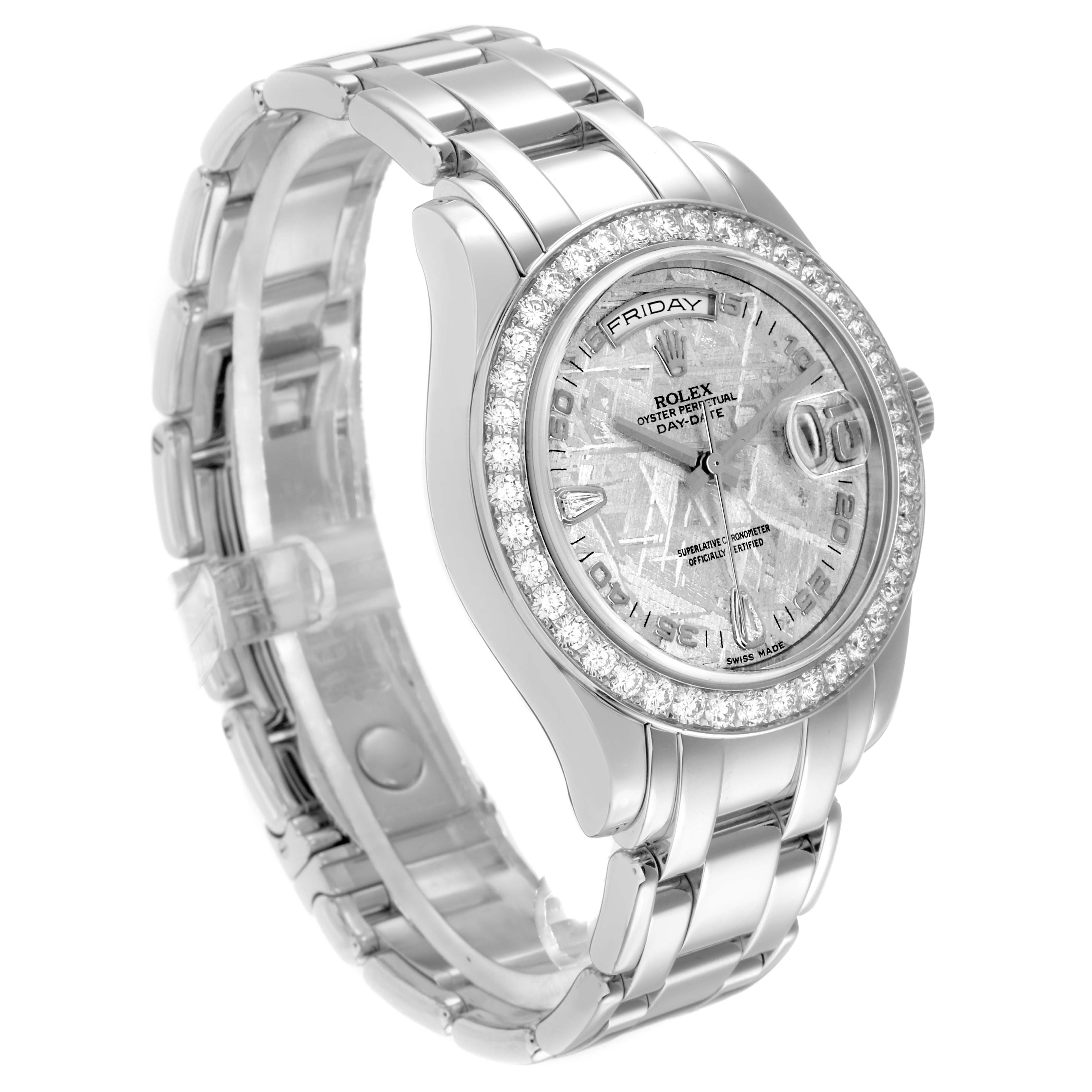 The Rolex Pearlmaster 18946 Men
s Platinum Silver Dial watch is shown at a three-quarter angle highlighting the face, bezel, and bracelet.