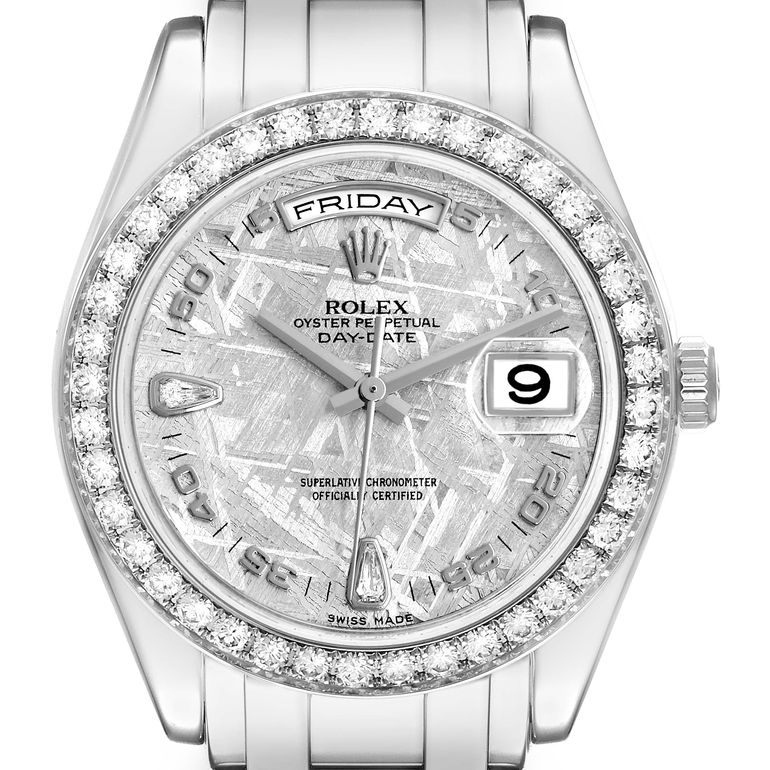 The Rolex Pearlmaster 18946 Men
s Platinum Silver Dial watch is shown from the front, displaying the face, bezel, and part of the bracelet.