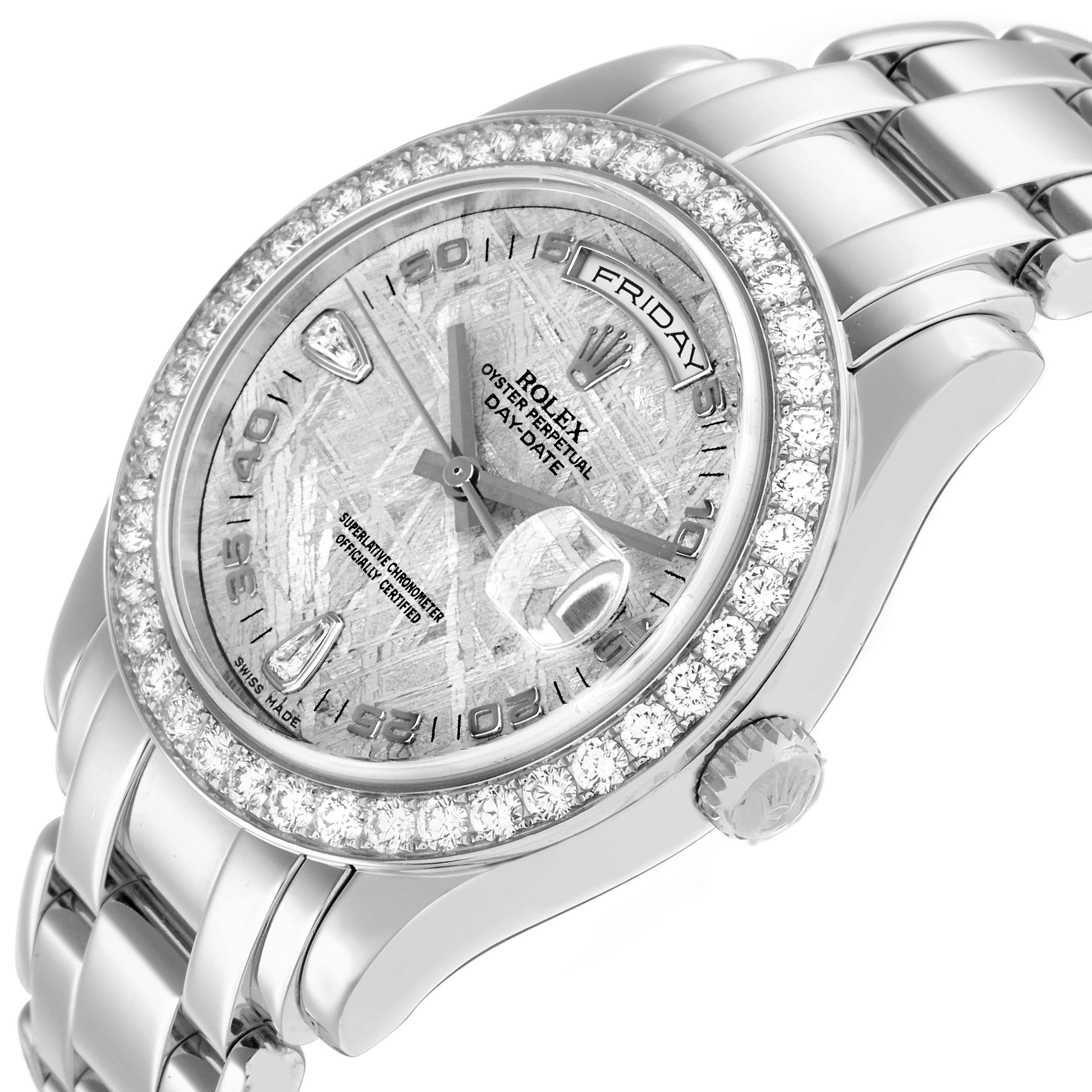 The Rolex Pearlmaster 18946 Men
s Platinum Silver Dial watch is shown at an angle highlighting the diamond bezel, dial, and part of the bracelet.