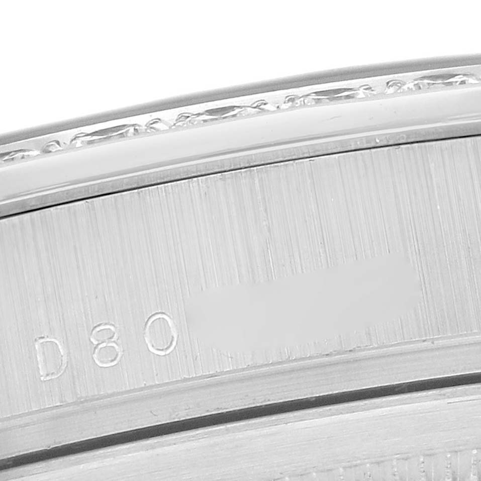 The image shows a close-up of the engraved case side of a Rolex Pearlmaster 18946 Men
s Platinum Silver Dial watch with visible serial numbers.