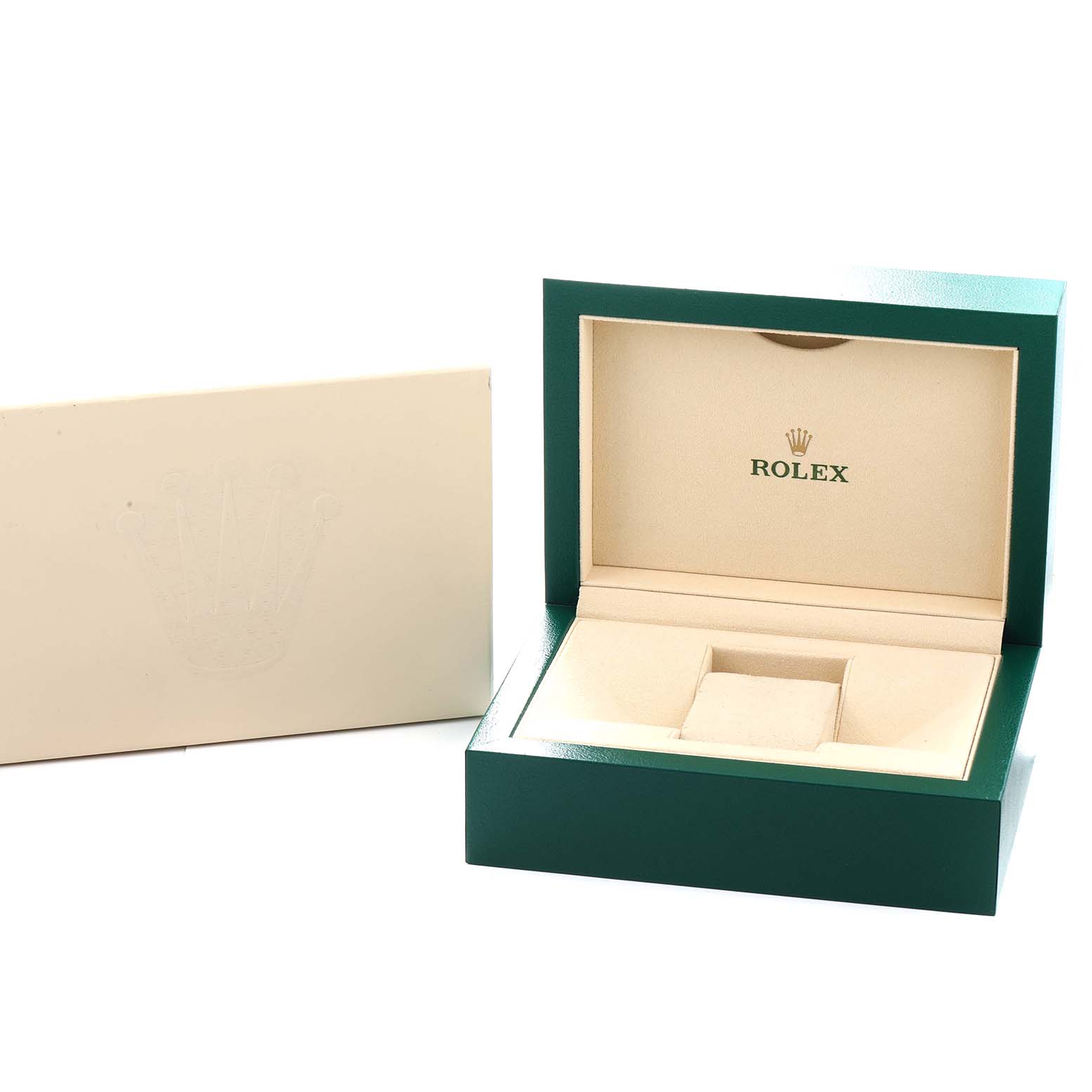 The image shows an open Rolex Pearlmaster 18946 Men
s Platinum Silver Dial watch box from a slightly elevated angle, with an adjacent outer sleeve.