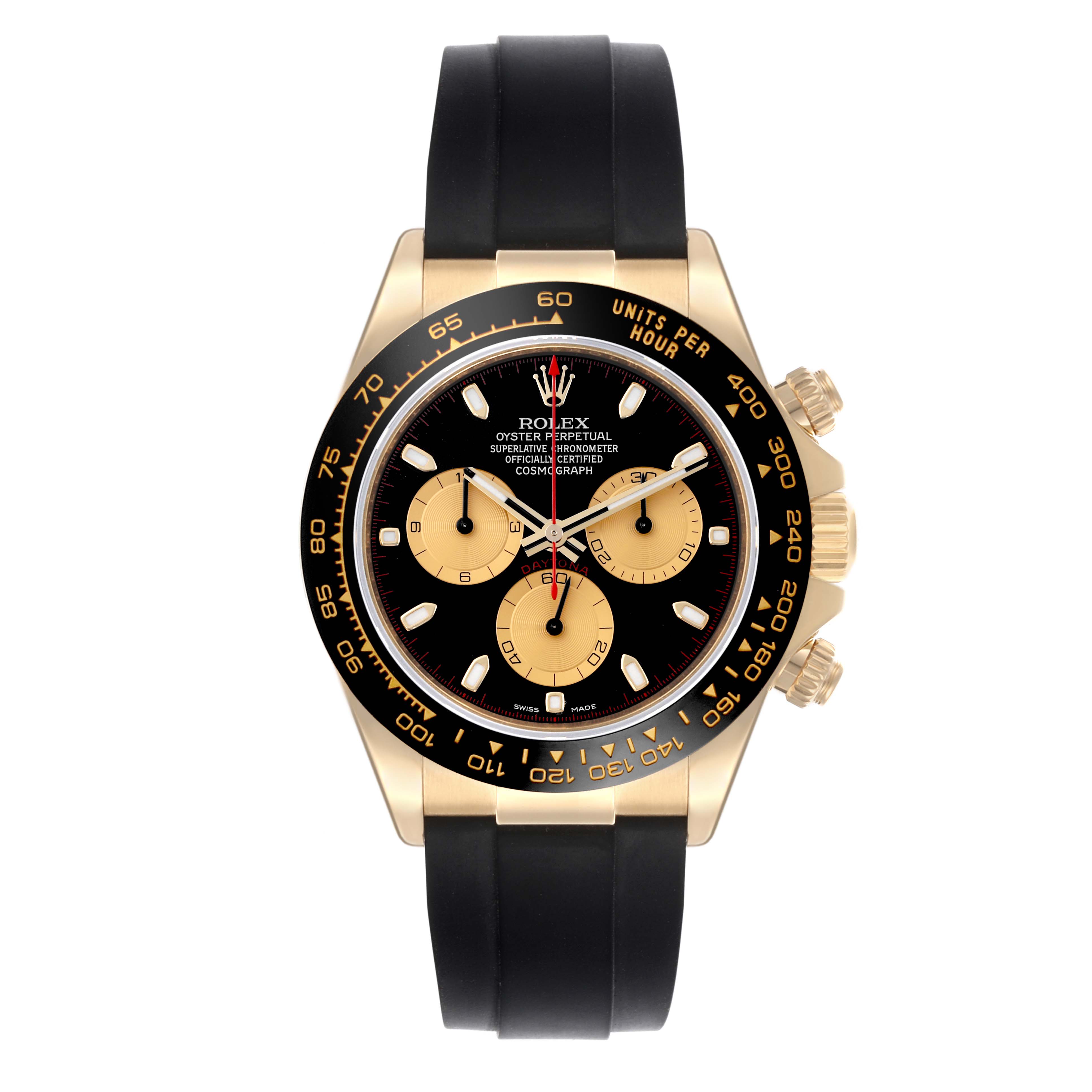 The Rolex Daytona 116518LN Men's Yellow Gold Black Dial 116518LN Men's Yellow Gold Black Dial watch is shown from a front view, highlighting its dial, bezel, and strap.
