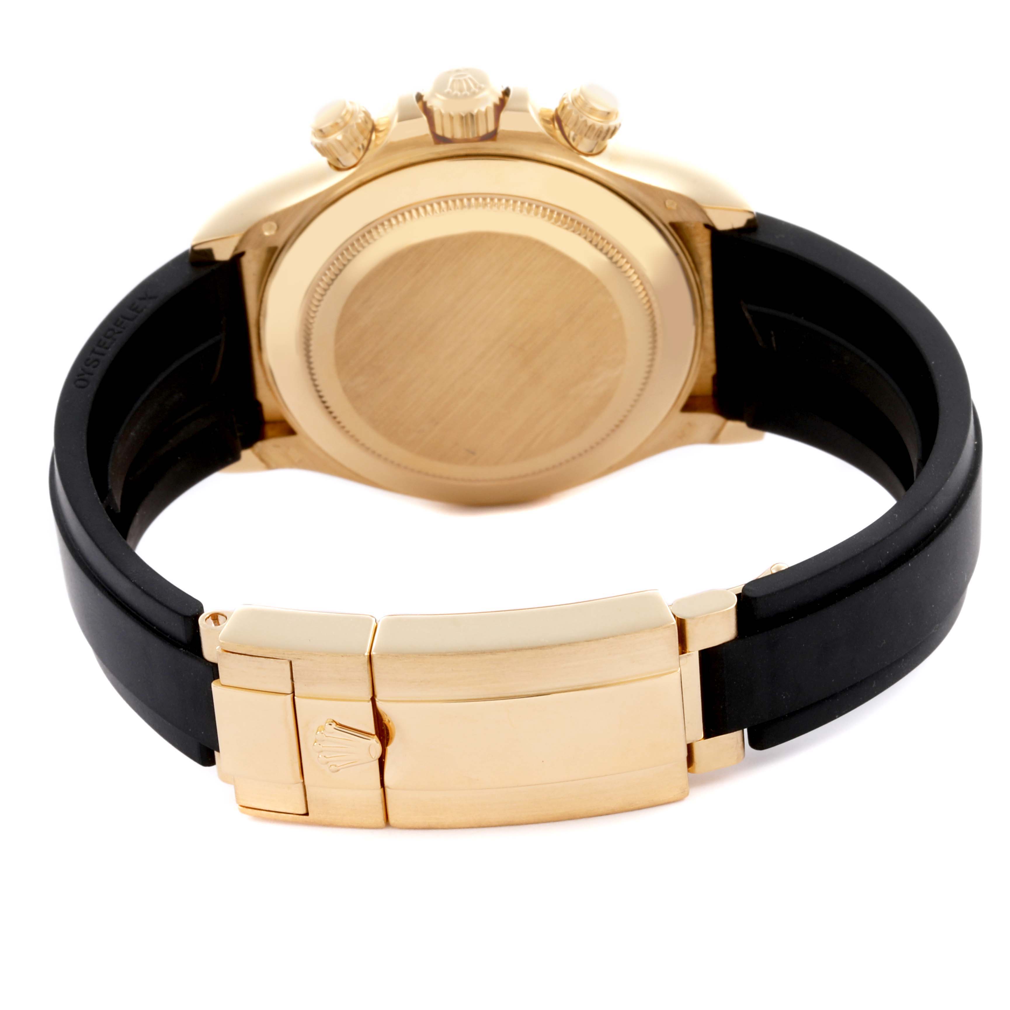 The image shows the back and clasp of a Rolex Daytona 116518LN Men's Yellow Gold Black Dial 116518LN Men's Yellow Gold Black Dial, highlighting its gold case and black strap.