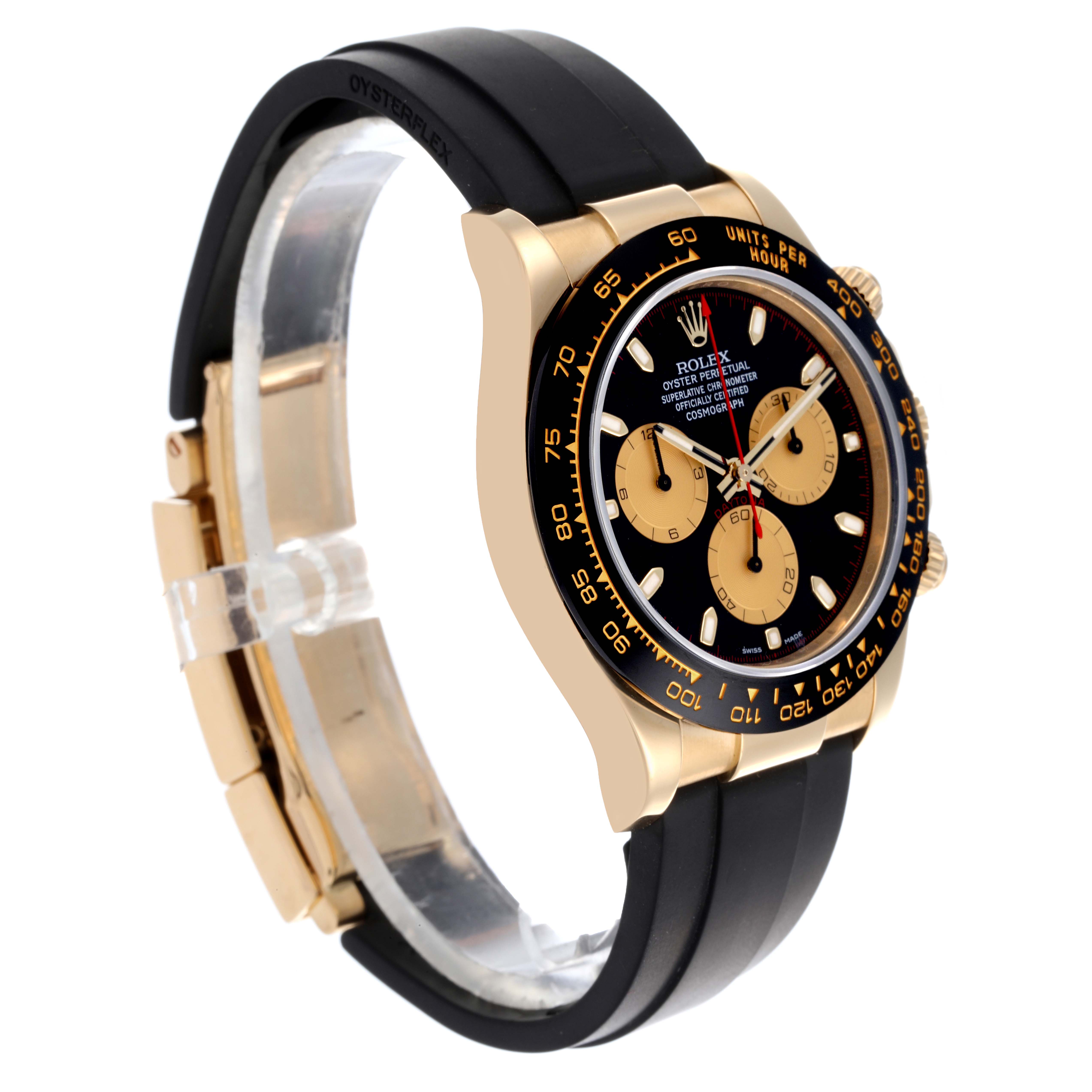 The Rolex Daytona 116518LN Men's Yellow Gold Black Dial 116518LN Men's Yellow Gold Black Dial watch is shown at a three-quarter angle highlighting its face, bezel, and Oysterflex strap.