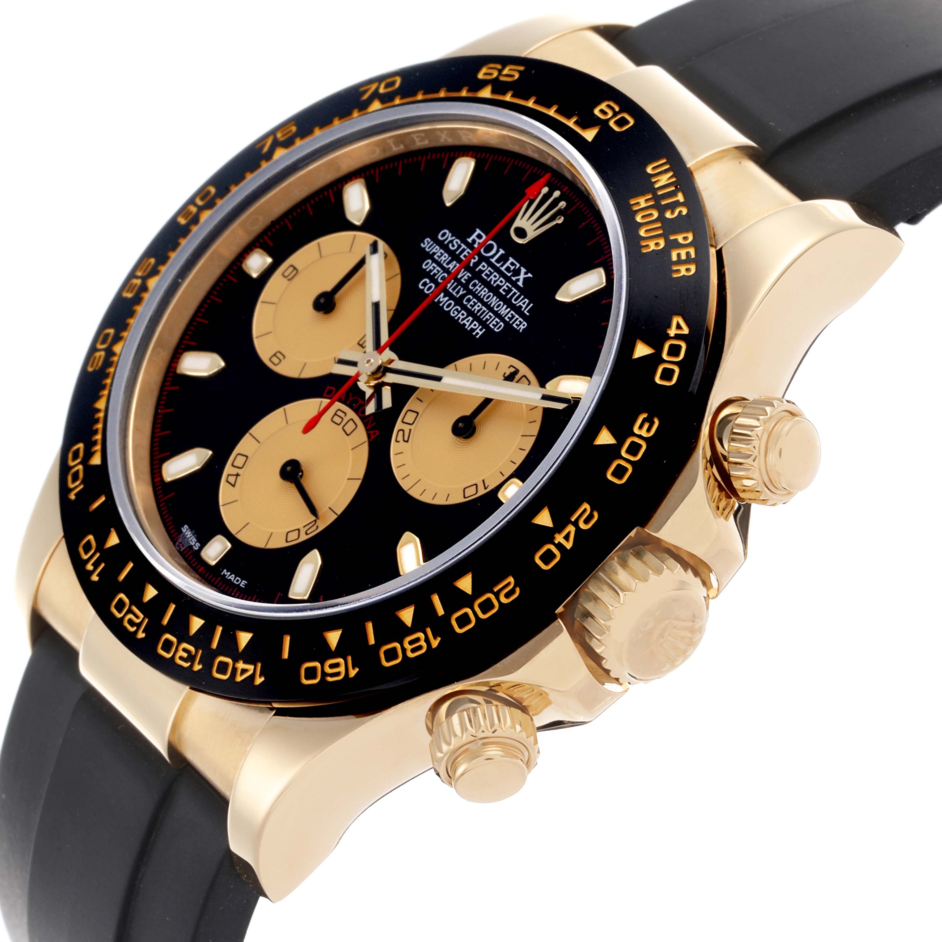 The image shows a side angle of the Rolex Daytona 116518LN Men's Yellow Gold Black Dial 116518LN Men's Yellow Gold Black Dial watch, highlighting the bezel, dial, crown, and strap.