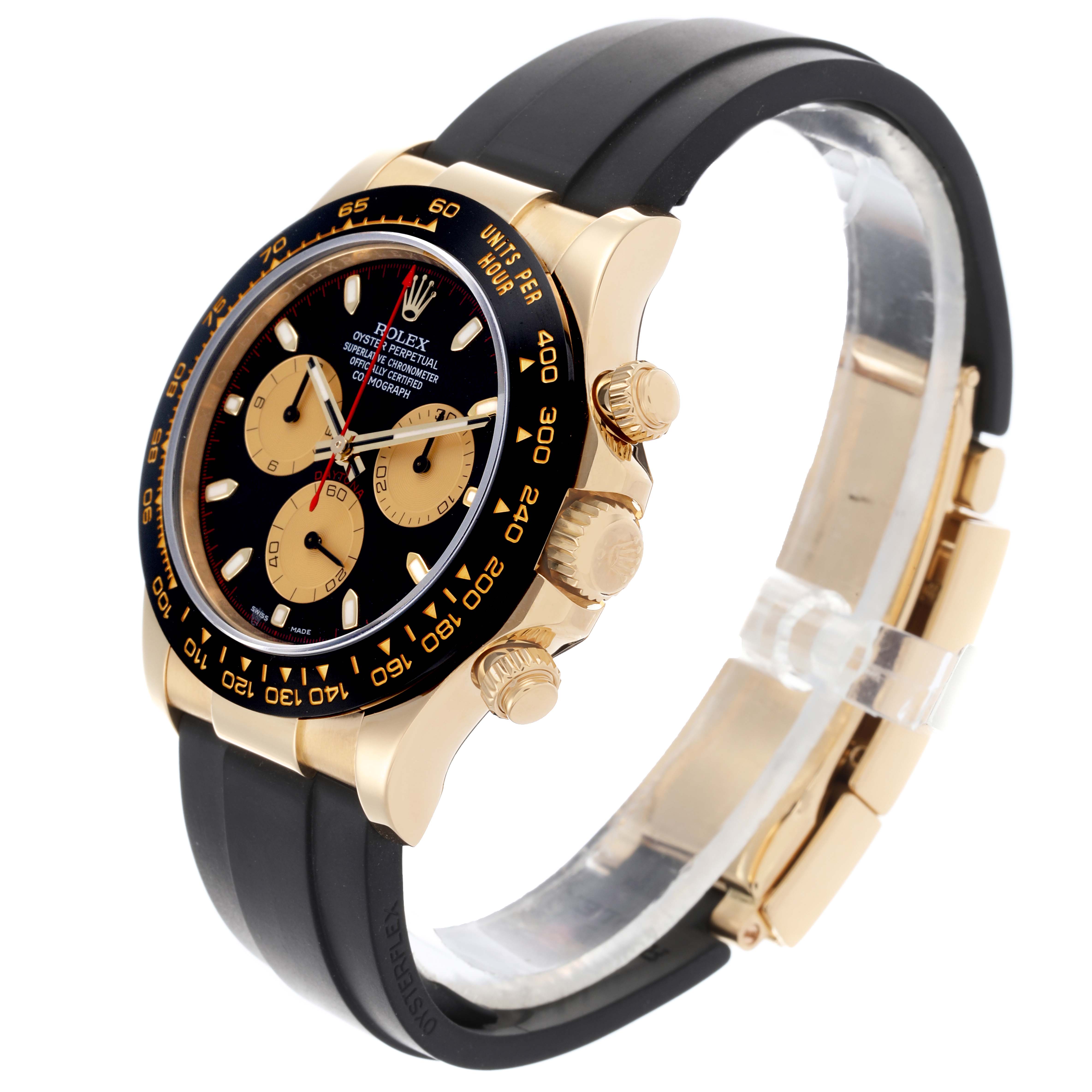 The Rolex Daytona 116518LN Men's Yellow Gold Black Dial 116518LN Men's Yellow Gold Black Dial is shown at a diagonal side angle, displaying the face, bezel, pushers, crown, and part of the strap.