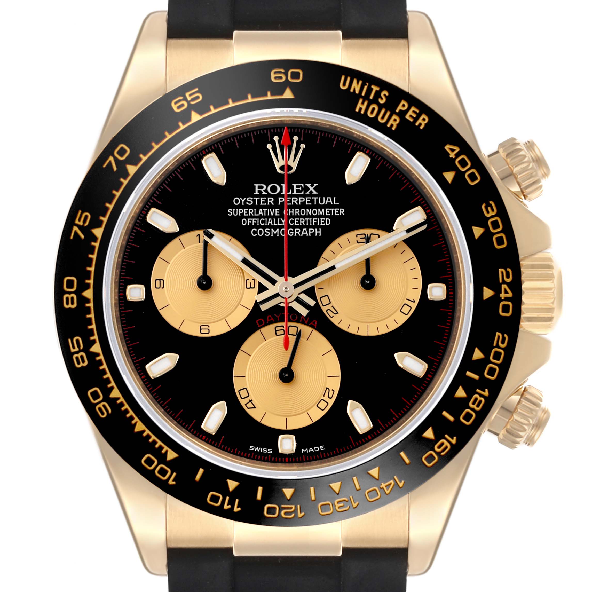 The Rolex Daytona 116518LN Men's Yellow Gold Black Dial 116518LN Men's Yellow Gold Black Dial watch is shown from the front, displaying the black and gold dial, bezel with tachymetric scale, and pushers.