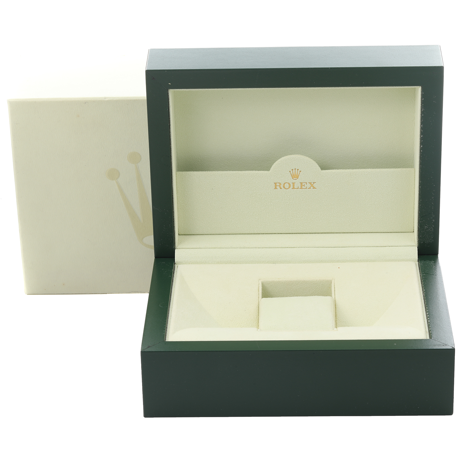 This image shows an open Rolex Daytona 116518LN Men's Yellow Gold Black Dial 116518LN Men's Yellow Gold Black Dial watch box at a front angle, displaying the interior and logo.