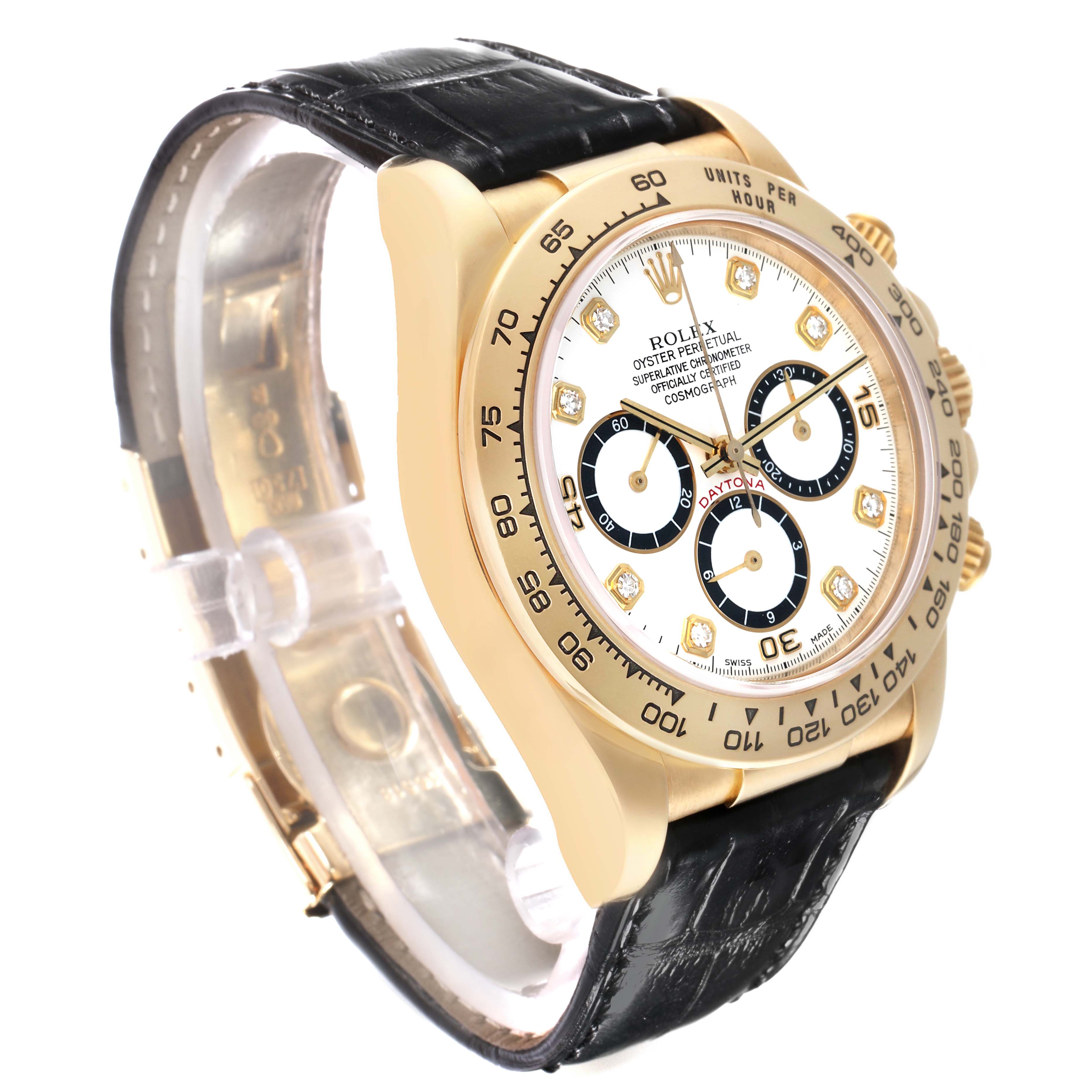The Rolex Daytona 16518 Men
s Yellow Gold White Dial watch is shown at a three-quarter angle, highlighting the dial, bezel, pushers, and leather strap.