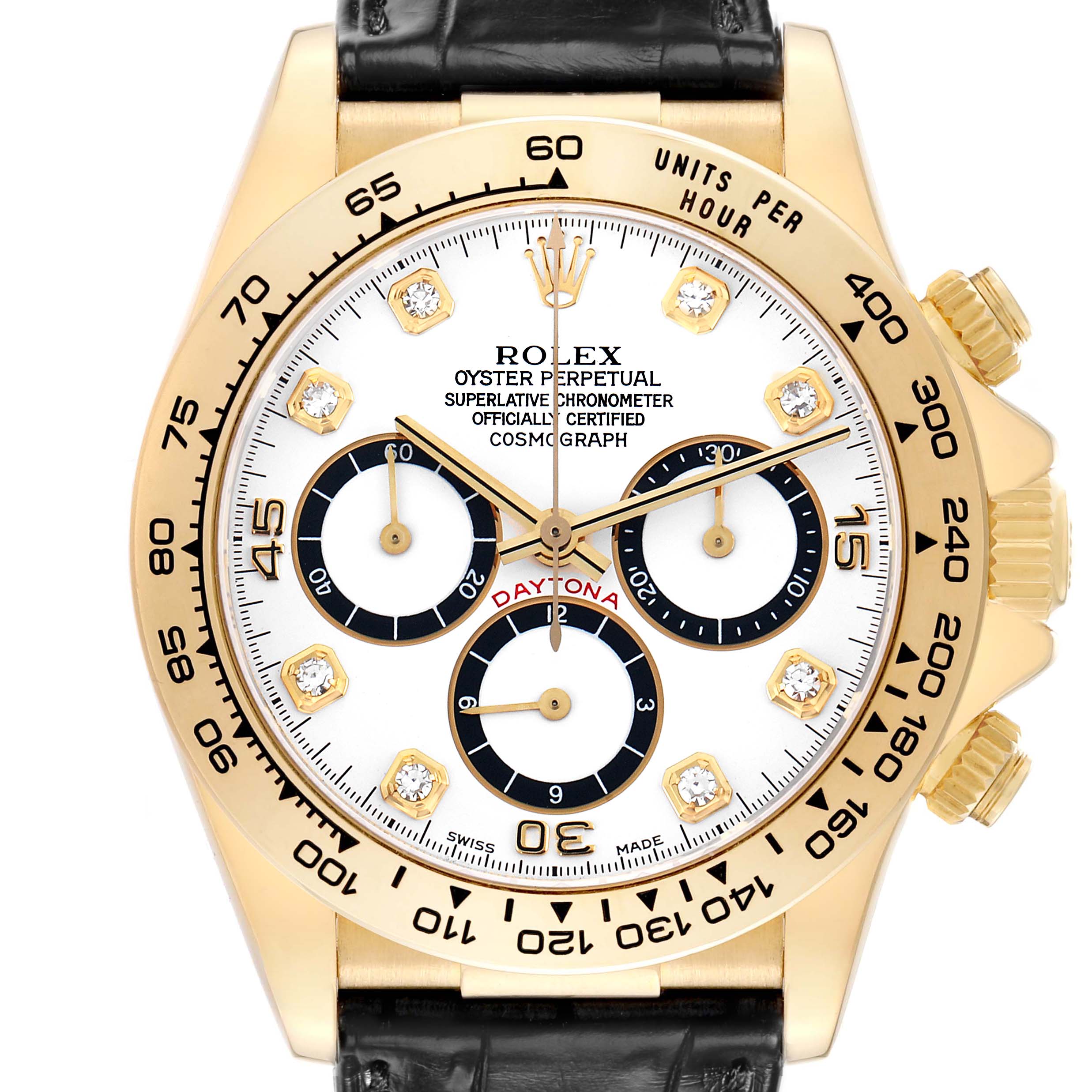 The Rolex Daytona 16518 Men
s Yellow Gold White Dial watch is shown from the front, highlighting the bezel, subdials, and crown.